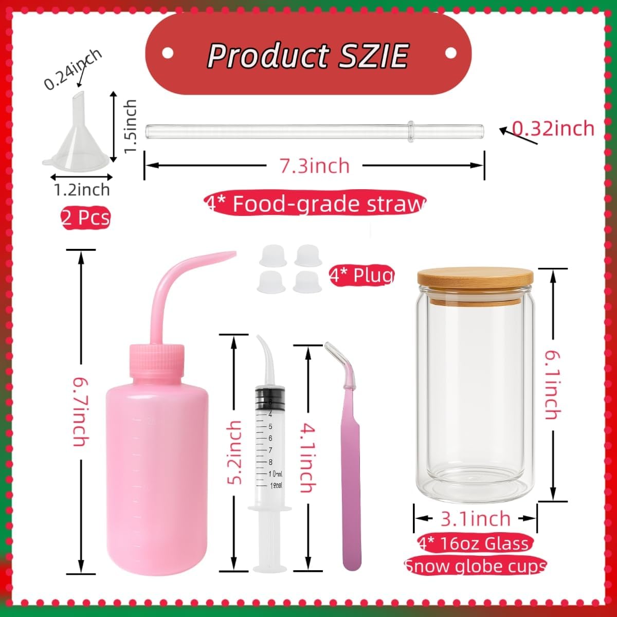 SIECCY 4 Pack Snow Globe Glass Tumbler DIY Kit, 16oz Double Wall Glass Can Supplies with UV DTF Cup Wraps, 5 Colors Glitter, Squeeze Bottle, Scraper, UV Resin Light & Funnel for Holiday Craft Gifts