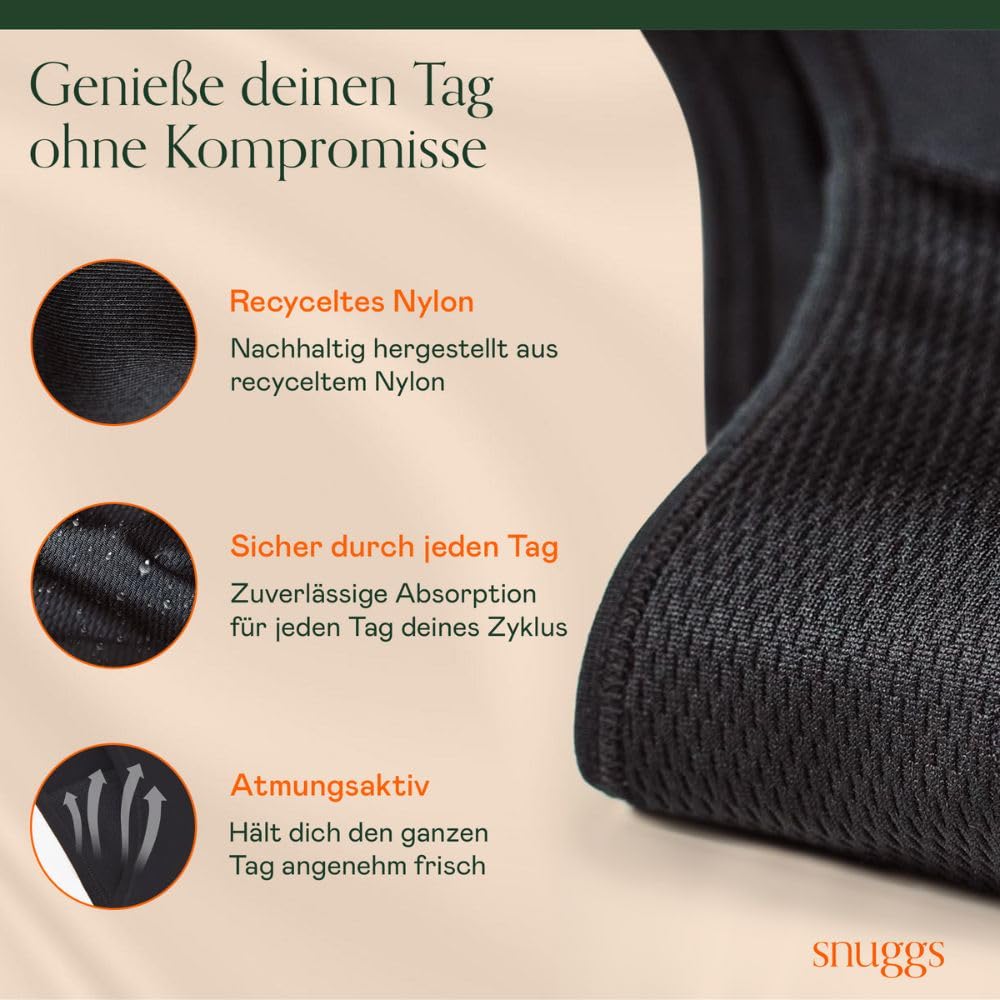 snuggs® Period Underwear Periodenunterwäsche Hugger – Periodenslip für extra Starke Blutung, Dünne und saugstarke Menstruationsunterwäsche, Made in EU, Recyceltes Nylon, Nachhaltige Alternative