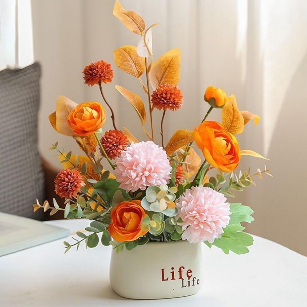 Centre de table salon : bouquet artificiel orange et rose avec vase chic pour bureau C1