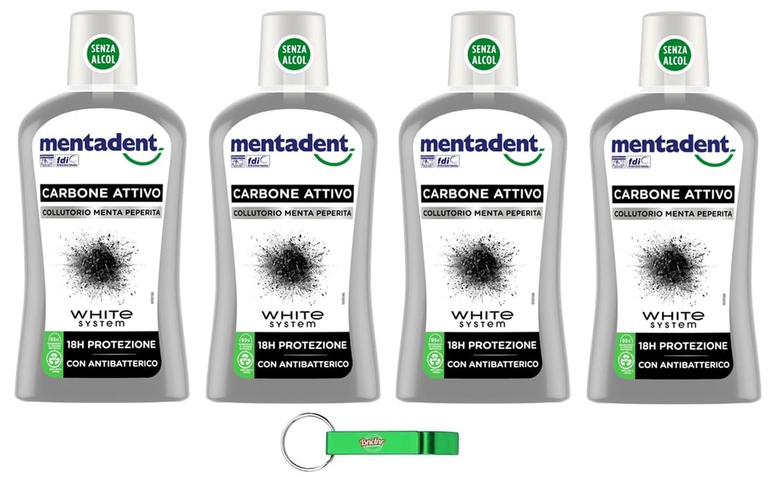 MENTADENT Collutorio Carbone Attivo - Enjuague bucal diario para higiene bucal, efecto fresco intenso, protección de dientes y encías, 500 ml + llavero Beni Culinari gratuito