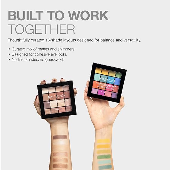 Palladio Ultimate Pro Eyeshadow Makeup Palette, 16 High-Pigmented Powder Colors, Matte, Shimmer, Satin Finishes, Color Crush