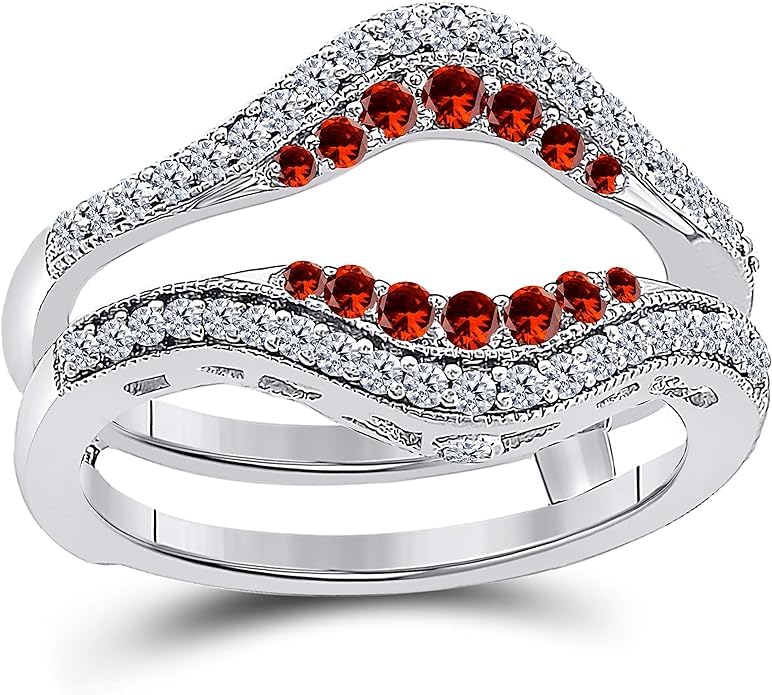 Created Real 925 Sterling Silver 14K Gold Finish Round Cut White Diamond & Red Garnet Double Row Pave Set Halo Enhancer Guard Ring Engagement Gift For Women