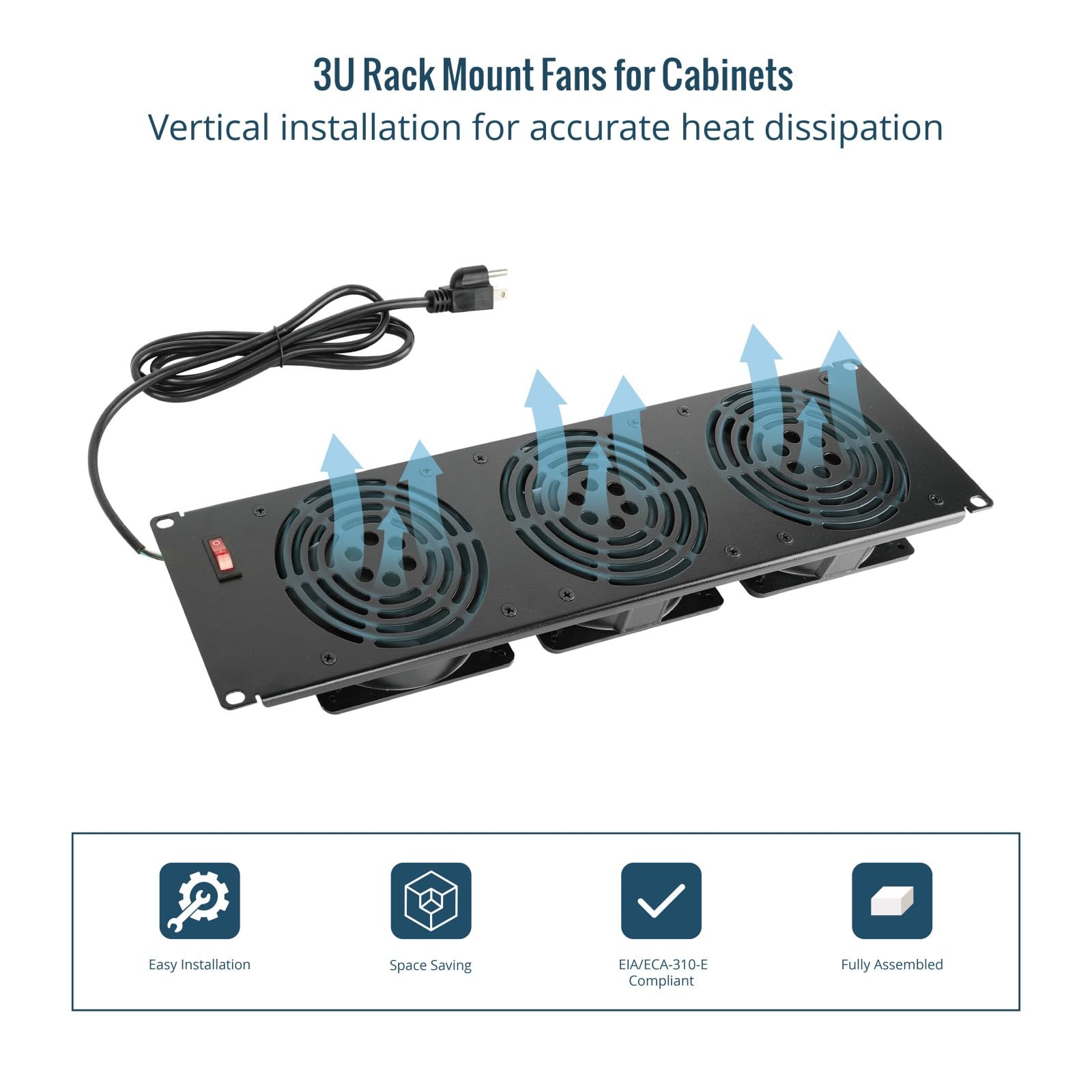 Tecmojo 3U Rack-Montage-Lüfter-Panel, 3 Lüfter, Schrankkühlung, 48,3 cm, 1,8 m, Kabel-Server-Kühlsystem für Audio-Rack und AV-Schrank im Büro, Theater (vertikale Montage)
