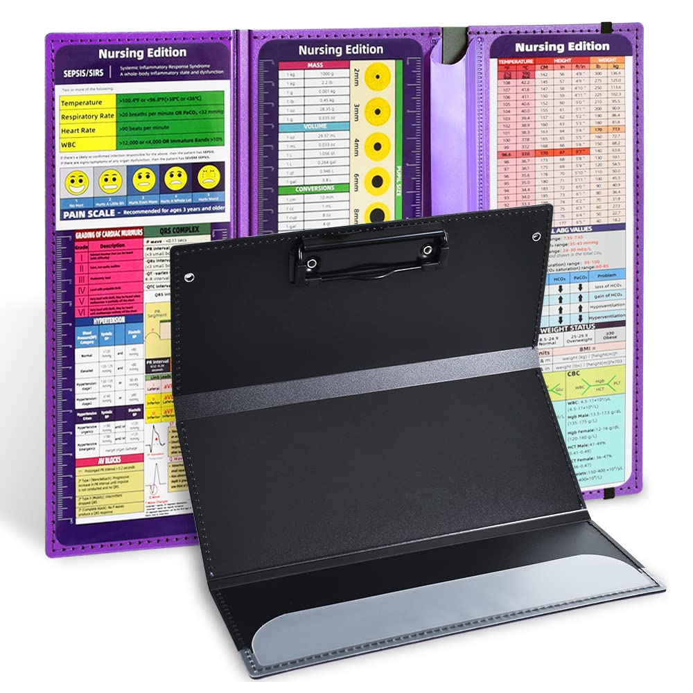 Vuzvuv Nursing Clipboard Foldable, Purple Nurse Pocket Clipboard 3 Layers with Nursing Medical Edition Cheat Sheets, Foldable Nurse Clip Boards