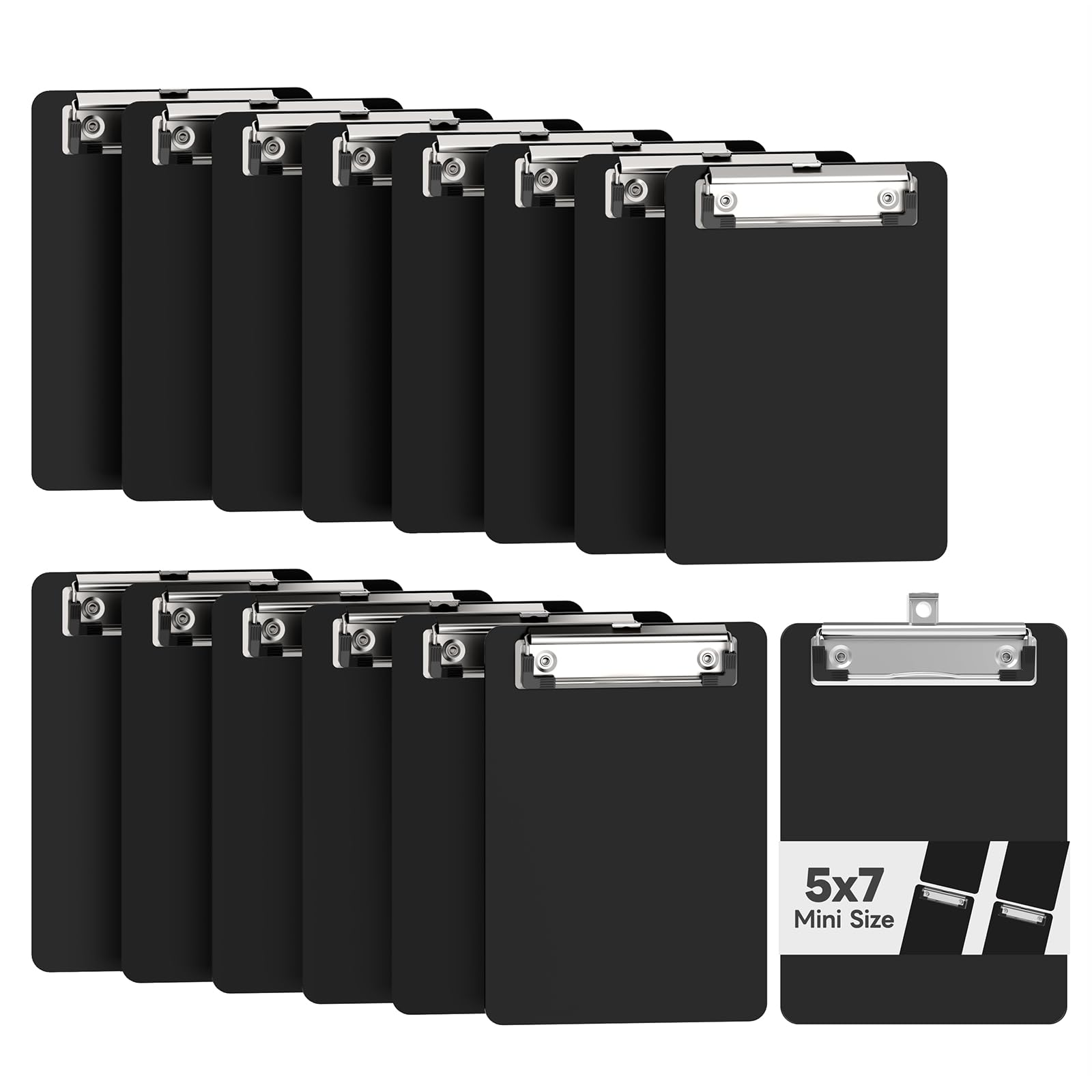 Juvealoe Mini Clipboard 15 Pack, 5 x 7 Plastic Small Black Clip Boards with Low Profile Clip, Memo Size for Classroom, Teacher, Students, School & Office Supplies