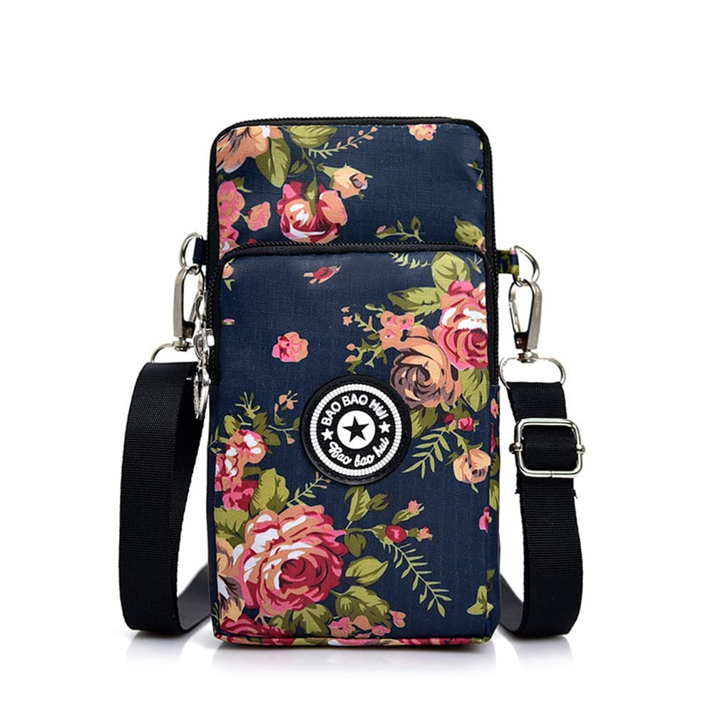 Handytasche zum Umhängen Damen, Crossbody mit 3 Fächern, Blaue Blume | Praktische Nylontasche mit 3 Reißverschlussfächern für Handy bis 6,6 Zoll - ideal für Gassi gehen, Konzert und Alltag.