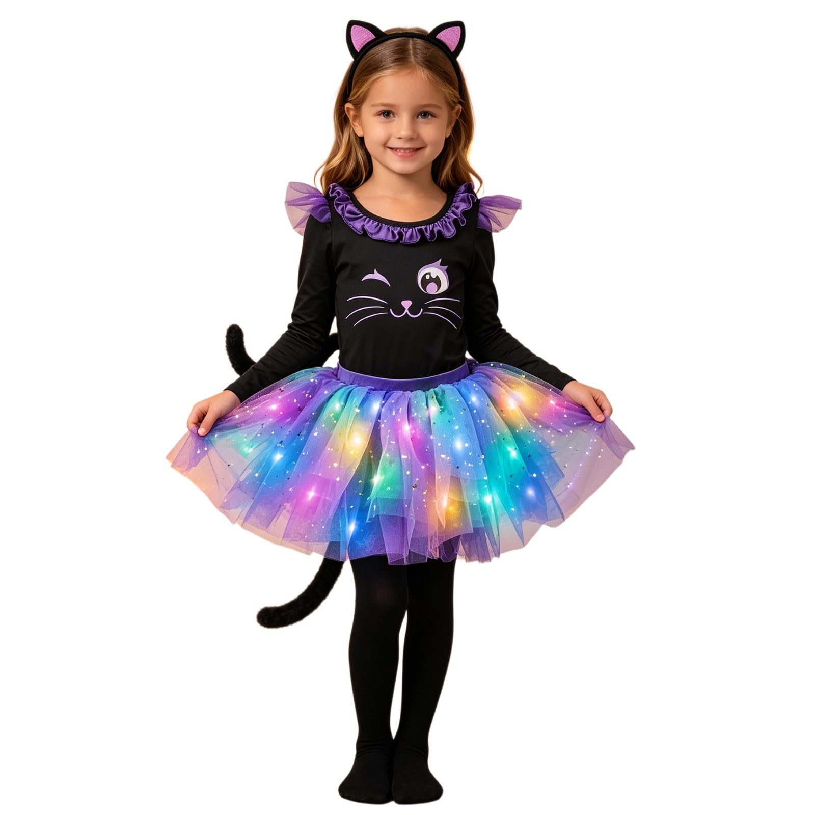 Girls Cat Halloween Costume Set, Light‑Up Tutu Skirt with LED Lights, Long Sleeve Cat Print Bodysuit, Cat Ear Headband, Tail & Tights, Fancy Dress Kids for Halloween Party Cosplay