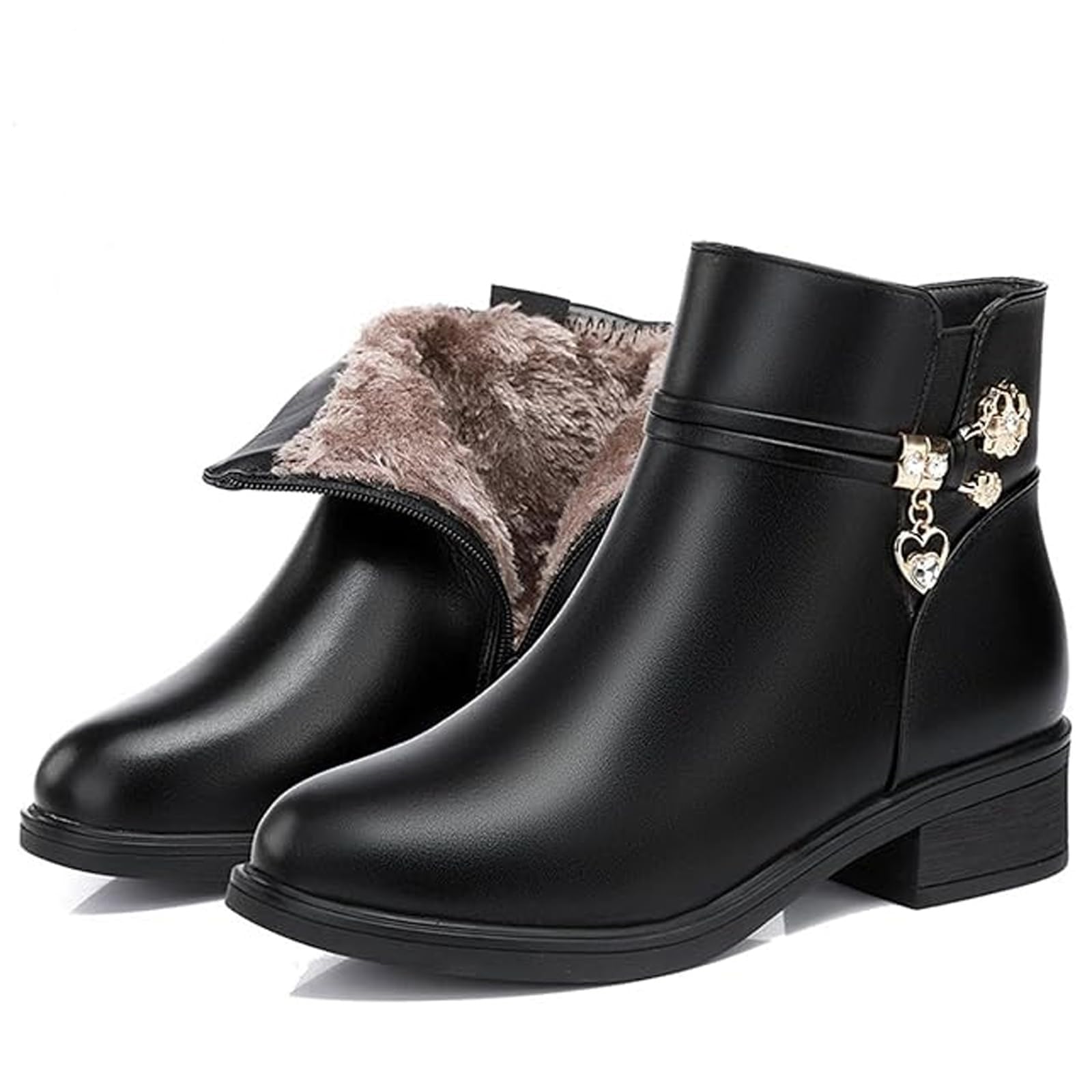 Womens Leather Platform Wedge Heel Ankle Boots - Comfort Warm Fur Lined Boots Leather Sparkling Rhinestones Waterproof Orthopedic