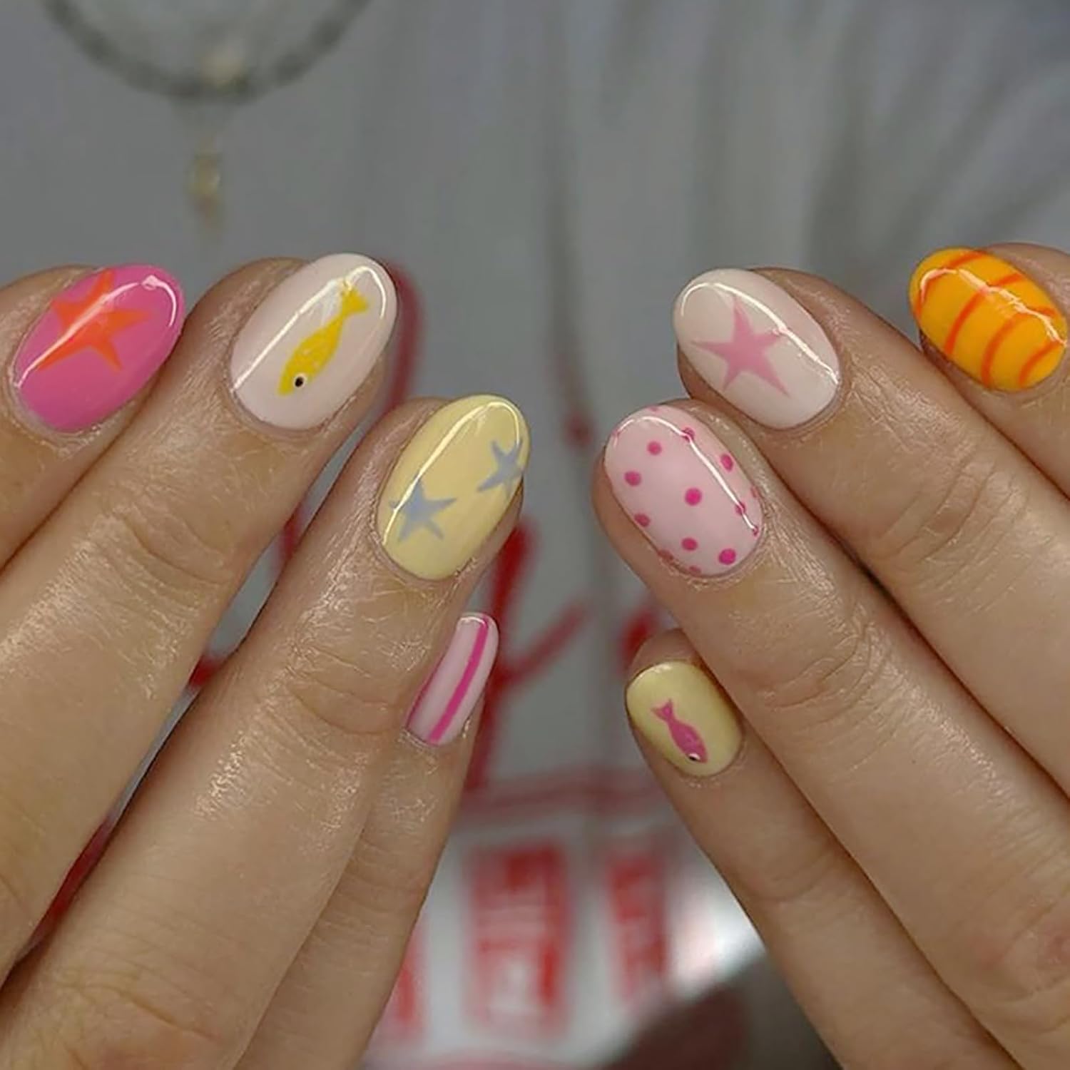 Summer Press on Nails - Cute Polka Dot & Stripe Design