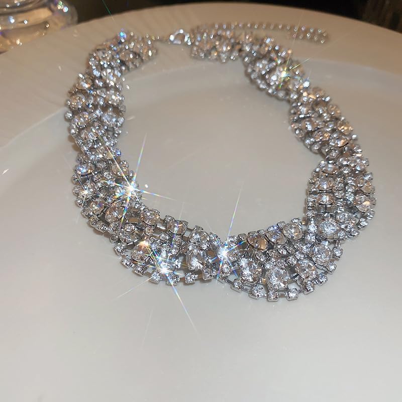 Chargances Elegant Sparkly Crystal Necklace Statement Silver Rhinestone Twisted Choker Fashion Short Collar Necklace for Party Women - Image 4