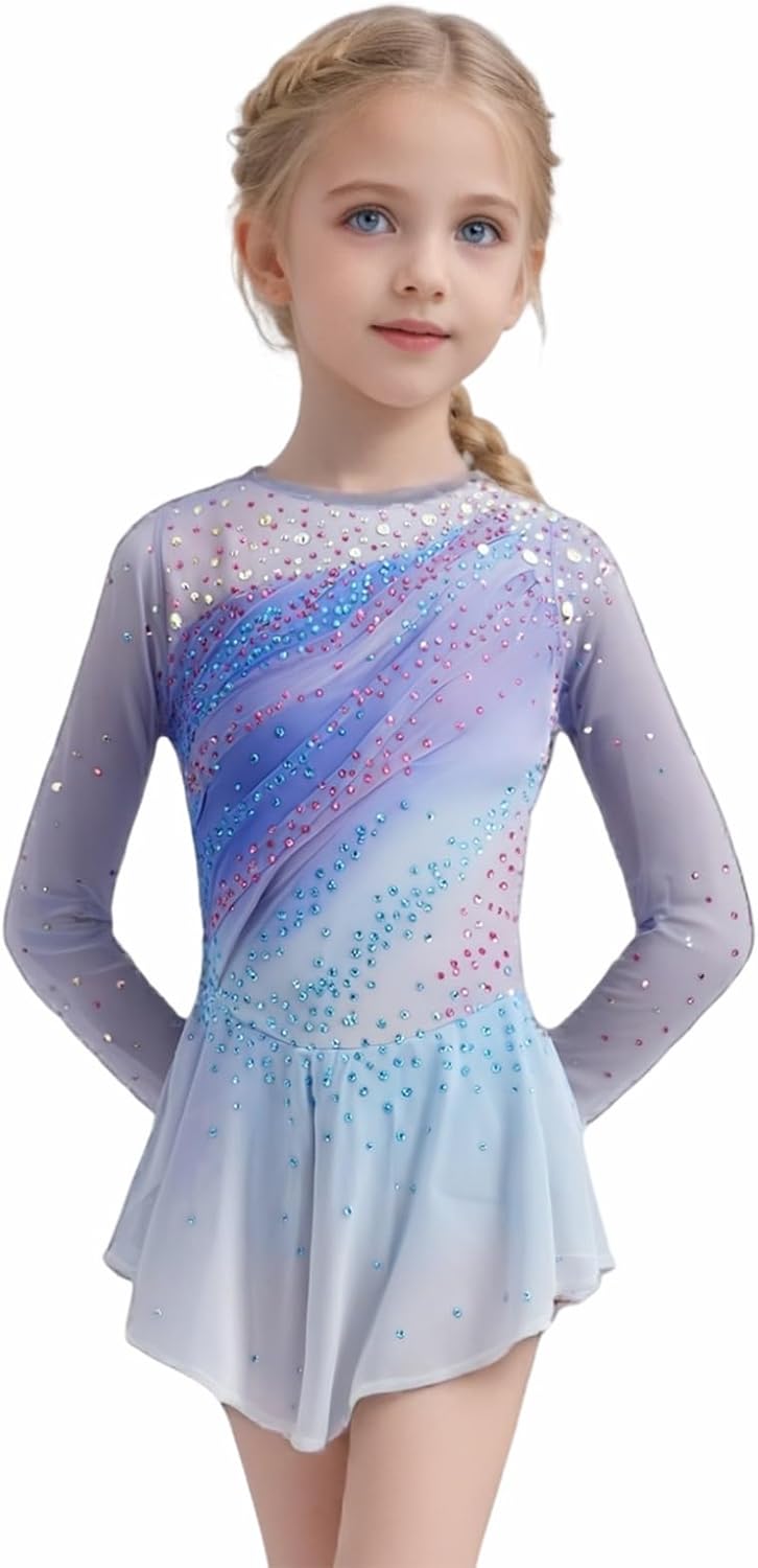Purple Gradient Long Sleeve Figure Skating Dress for Girls Competition Wear