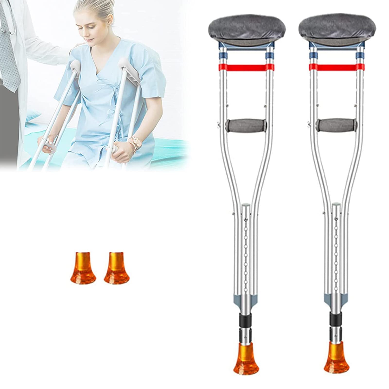 Regulowane kule pod pachami, ergonomiczne kule medyczne dla dorosłych, amortyzacja wstrząsów sprężynowych, pogrubiona nasadka na stopy, aluminiowe kule do chodzenia