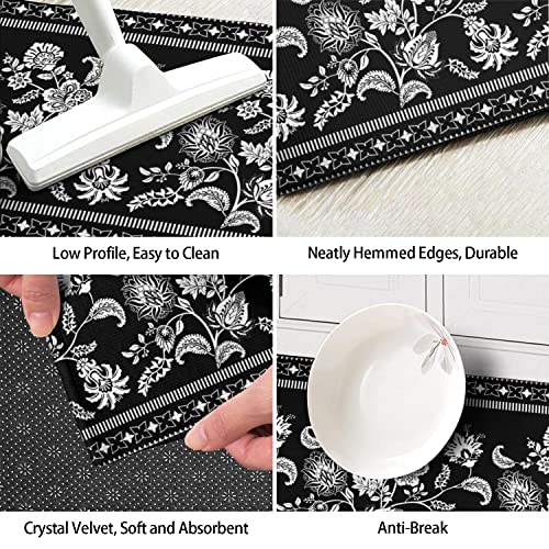 Ideasonna Black Floral Kitchen Rug Mat, Black And White Kitchen Rugs Sets Of 2 Washable Non-Slip Black Kitchen Mats For Floor 2 Piece Black Kitchen Decor #TOP4