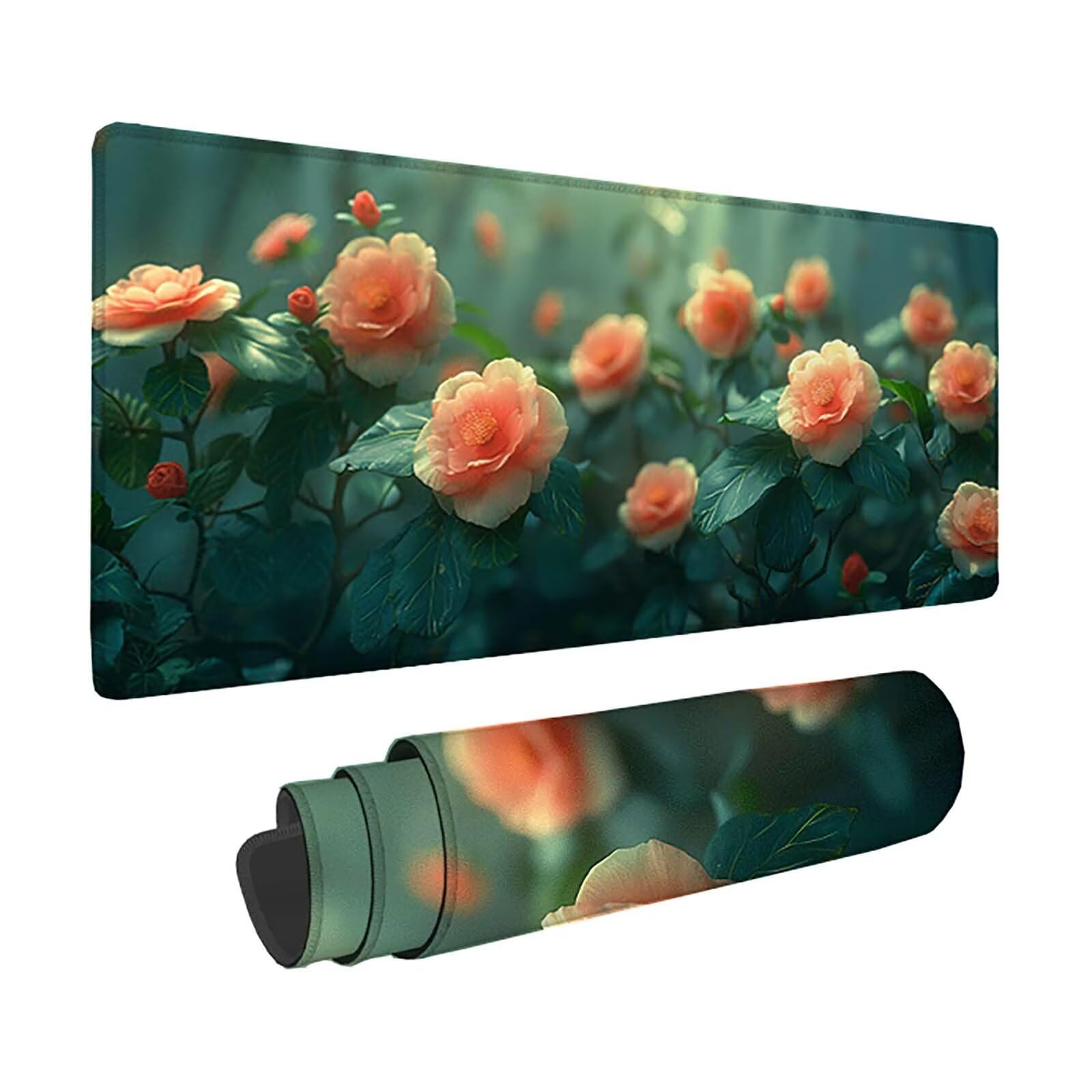 Rosa Alfombrilla Ratón Flor Alfombrilla Gaming XXL (1500x800x3MM), Impermeable Mouse Pad con Bordes Cosidos Tapete Escritorio con Base de Goma Antideslizante para Accesorios Gaming, Oficina -zzg2505B3