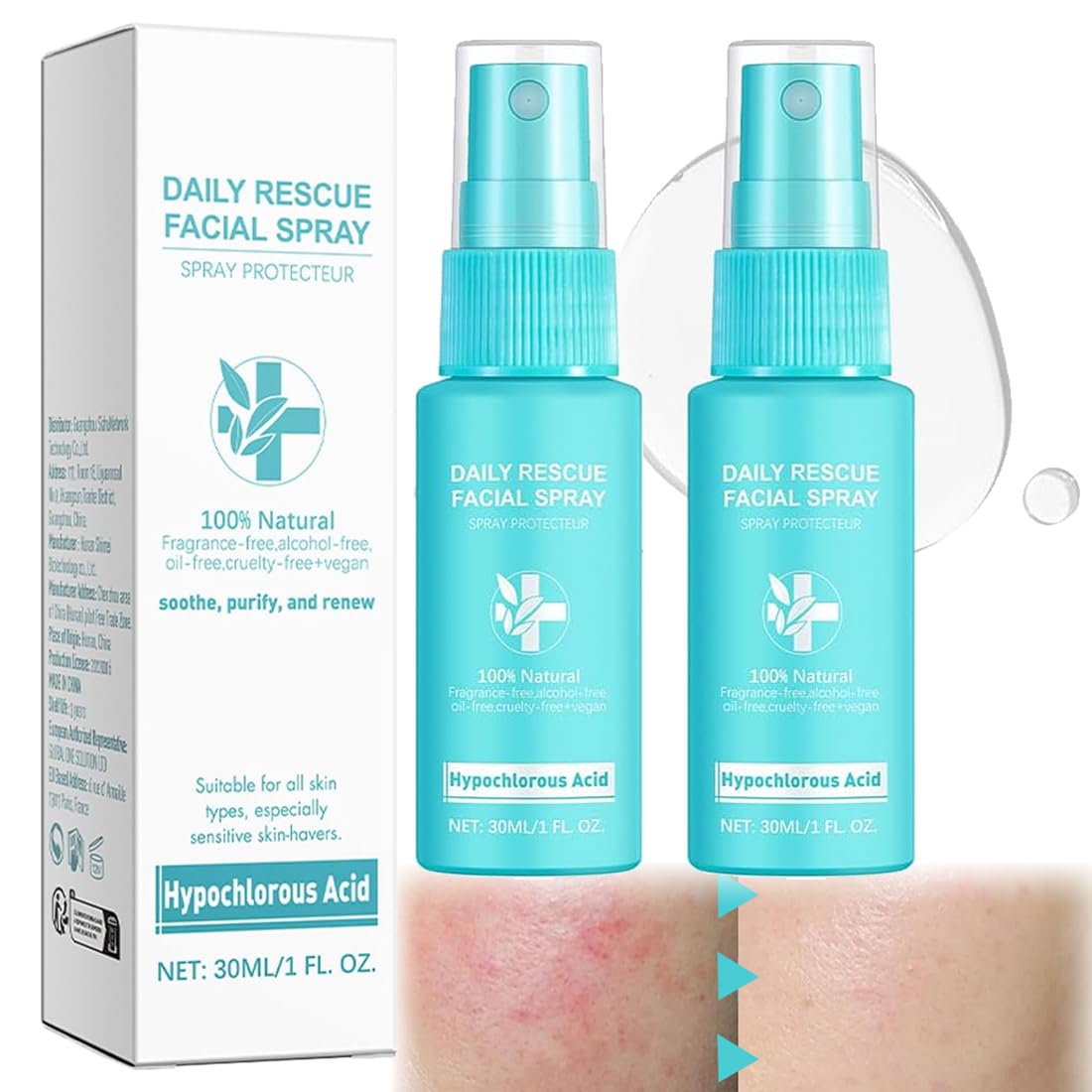 Acido Ipocloroso Spray Toner Facciale Puro per Viso, Pelle e Idratazione del Cuoio Capelluto Secco (30 ml*2)