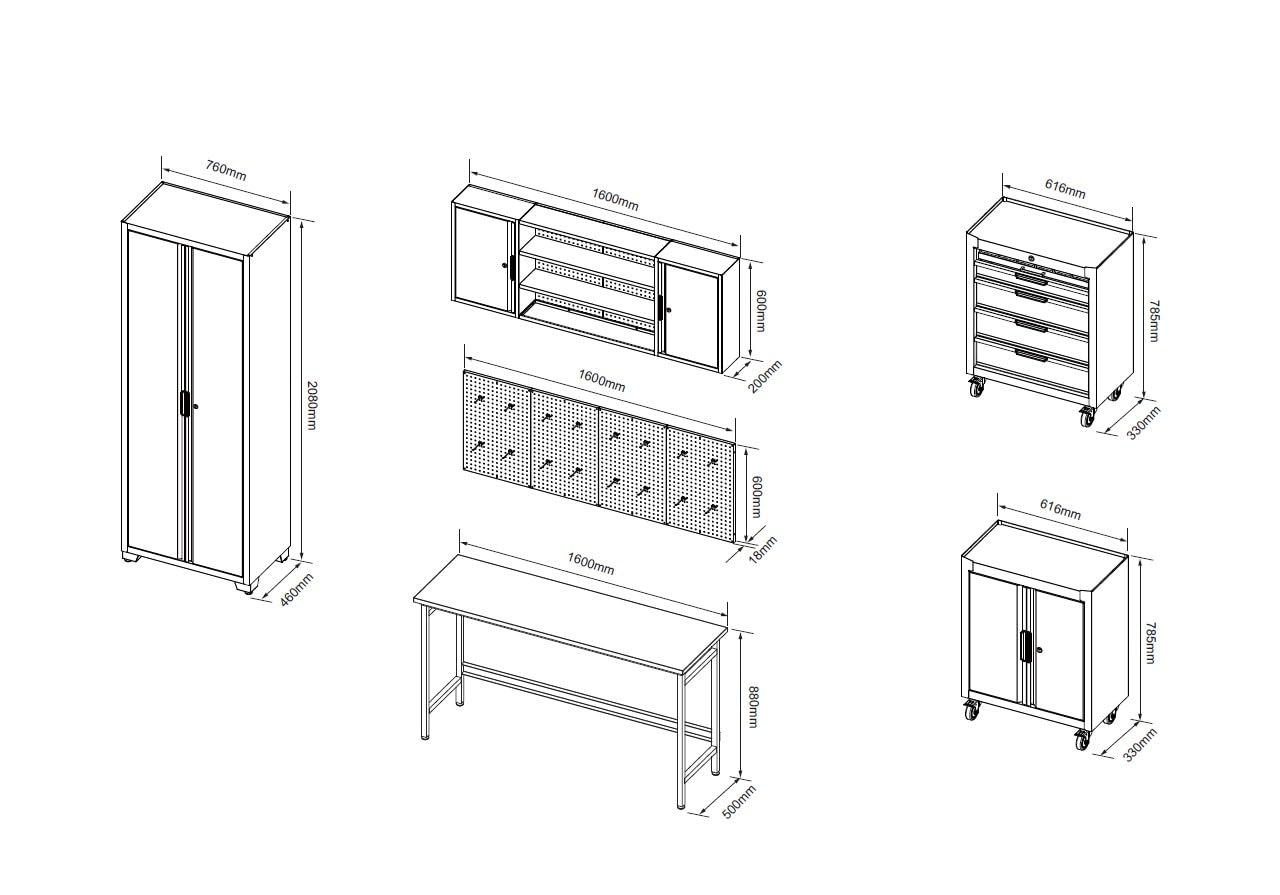 Set de banco de trabajo Boxer® - equipamiento para taller - incluye banco de trabajo, armario alto, armario superior, carros y paredes de herramientas - pies ajustables en altura - para garaje y