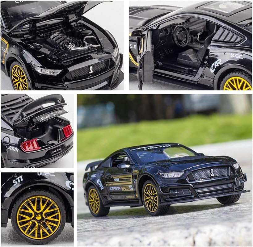 Image of PINQUE Kids New Car 1:32 Mastang Diecast Alloy Metal Pull Back Car with Openable Doors Music Sound and Light Vehicle Toy Car for Boys (Black)