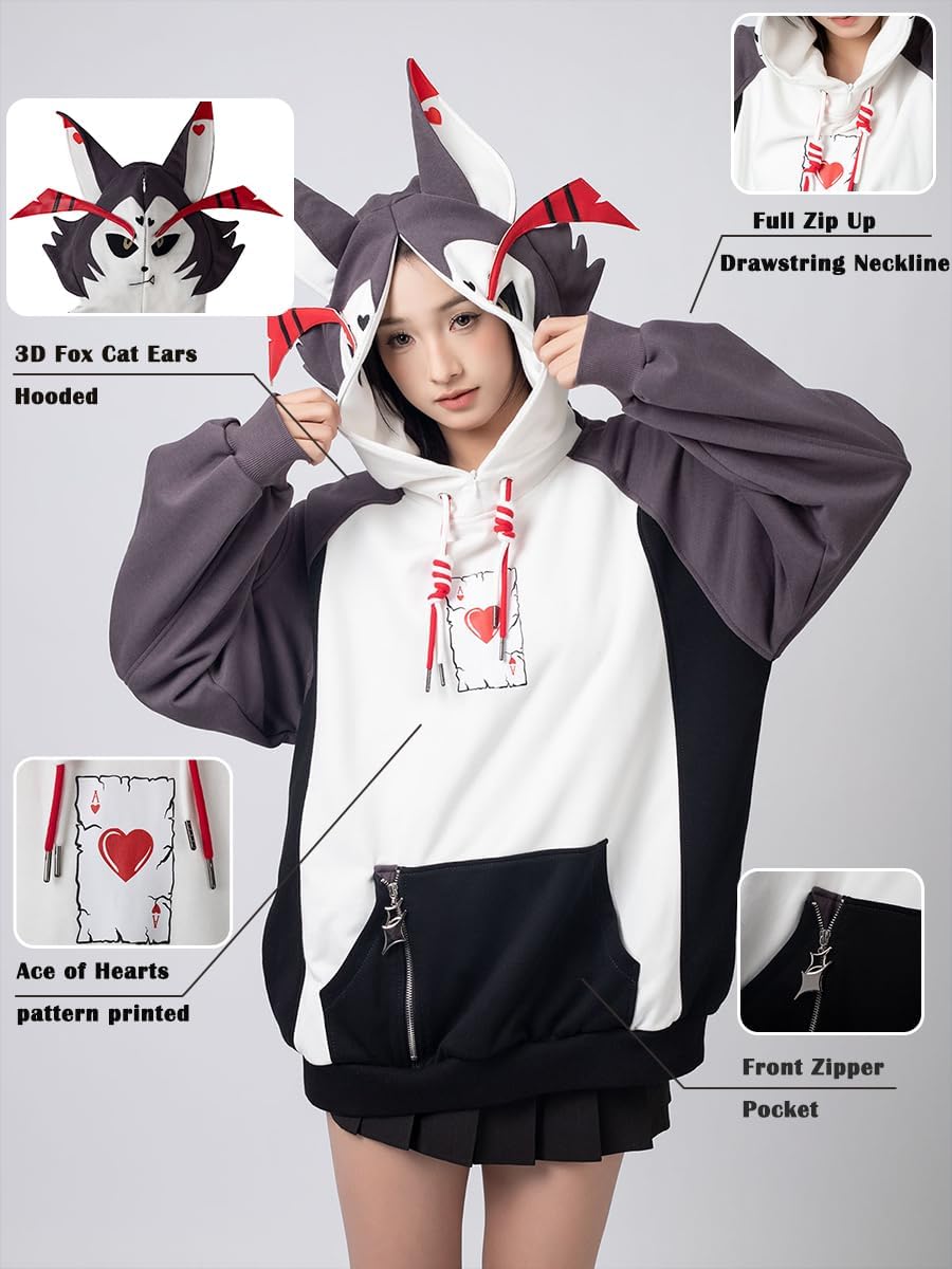 Cosfun Cosplay Hoodies Fox Cat Ears Hoodies Full Zip Hoodie Ace of Hearts Hooded Sweatshirt Loose A00008
