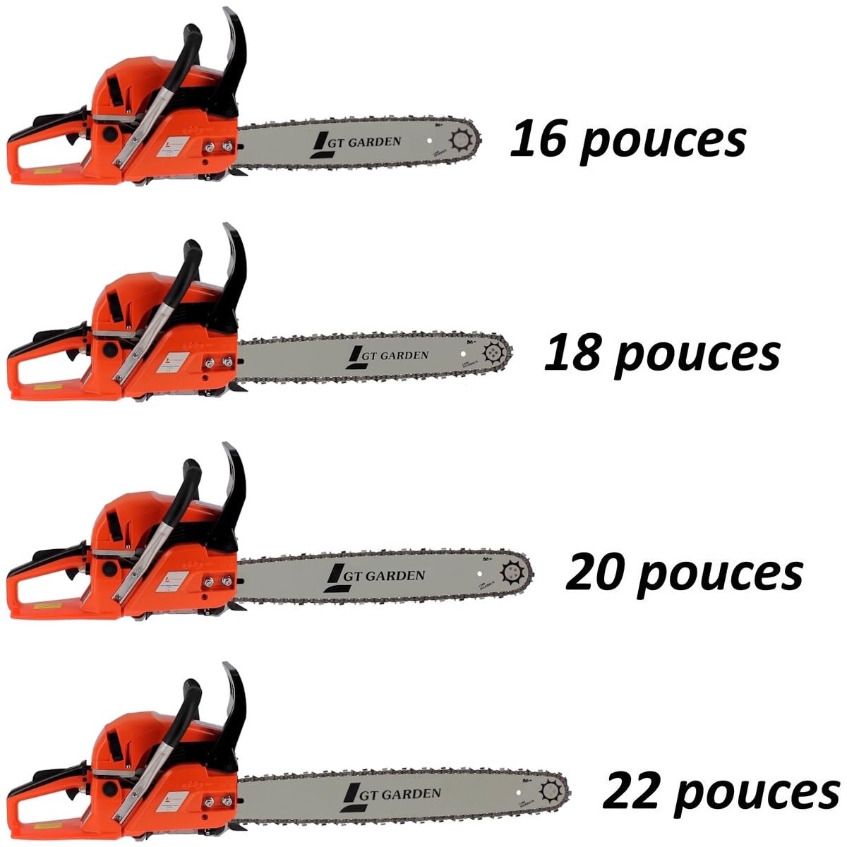 GT Garden Tronçonneuse Thermique 62 cm3, 3.5 CV, Guide 50 cm, 2 chaînes