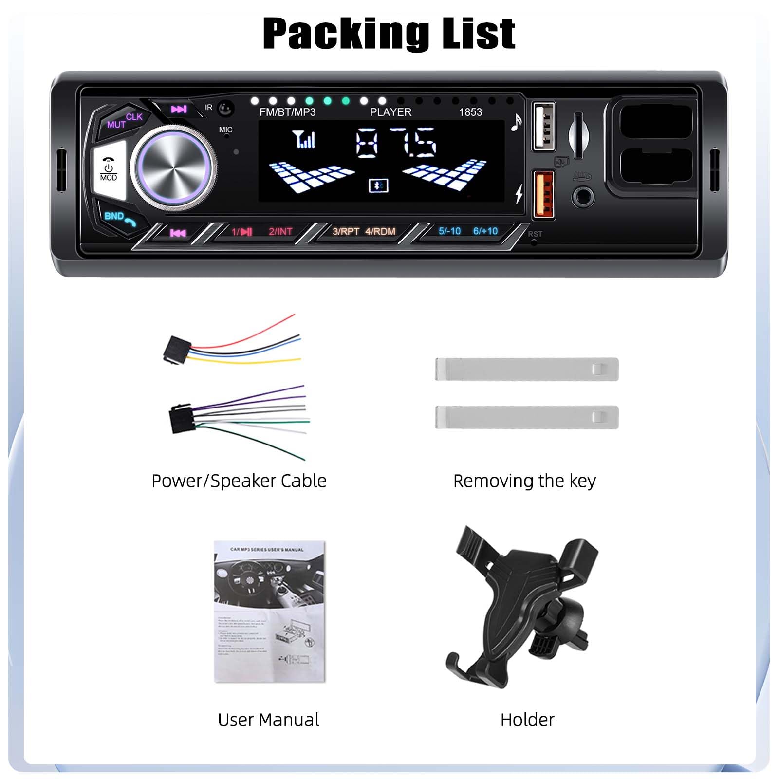 CAMECHO Autoradio 1 Din Bluetooth 5.0 mit Handyhalterung, Autoradio mit Bluetooth Freisprecheinrichtung, MP3 Tuner mit U Disk/FM/TF-Karte/AUX/2 USB 7 Backlight, 4 * 45W