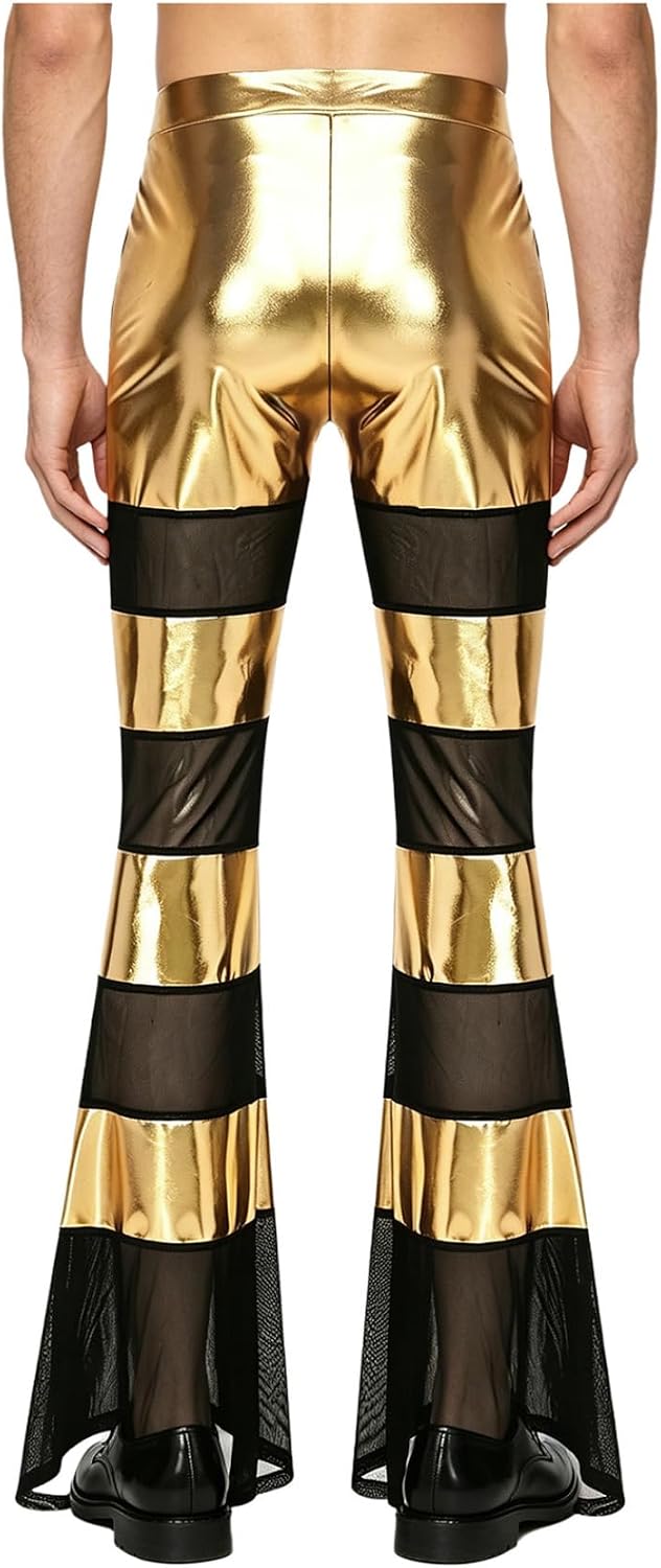 Mens Shiny Metallic Bell Bottoms 70s Disco Dance Mesh Patchwork Flared Pants Clubwear