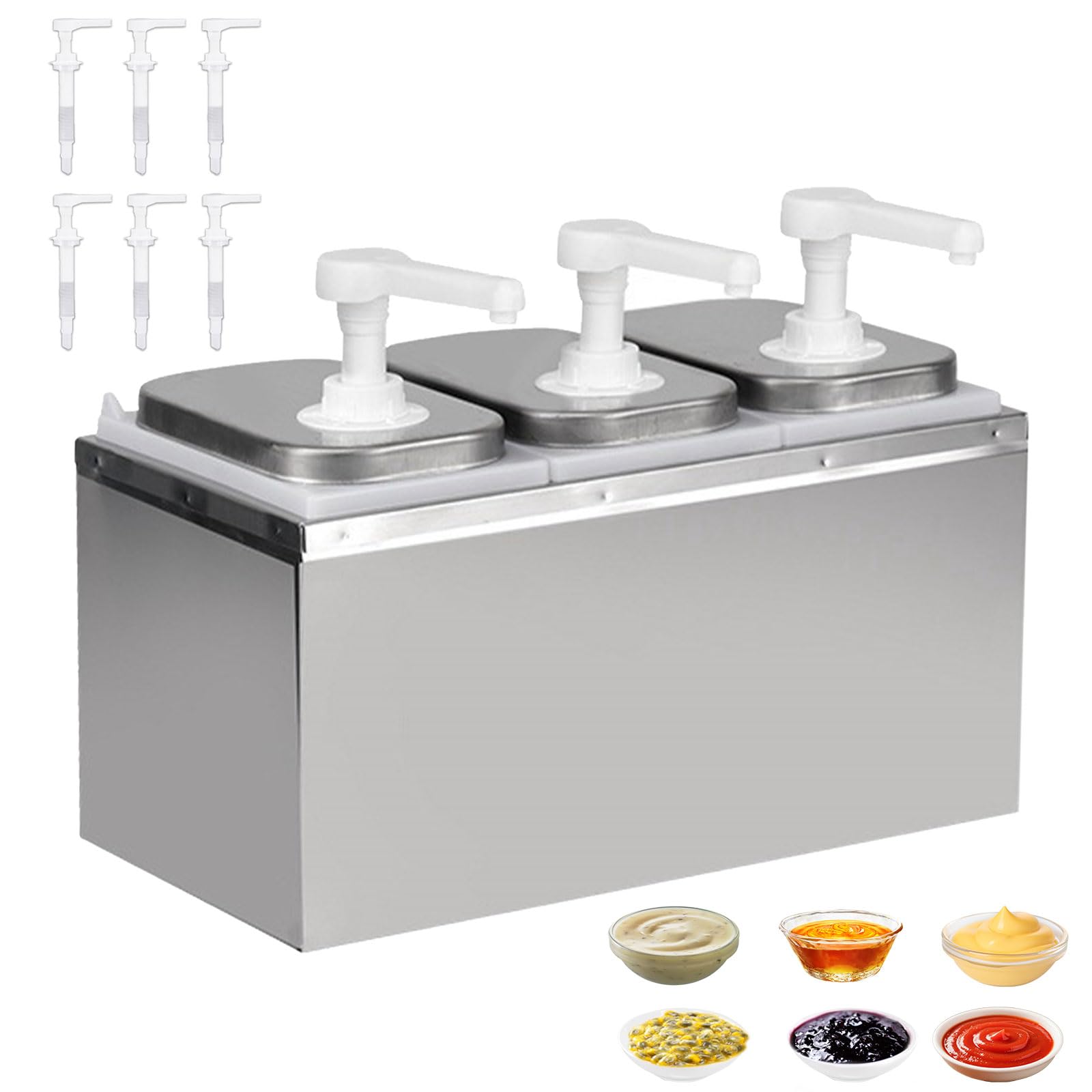 6L Saucenspender Pumpstation,【inkl. 6 Pumpköpfen】, Ketchup Spender 304 Edelstahl, Lebensmittelecht & Tropffrei, Spülmaschinenfest, ideal für Ketchup, Mayonnaise, Senf, Honig, 3×2L Gastro Soßenspender