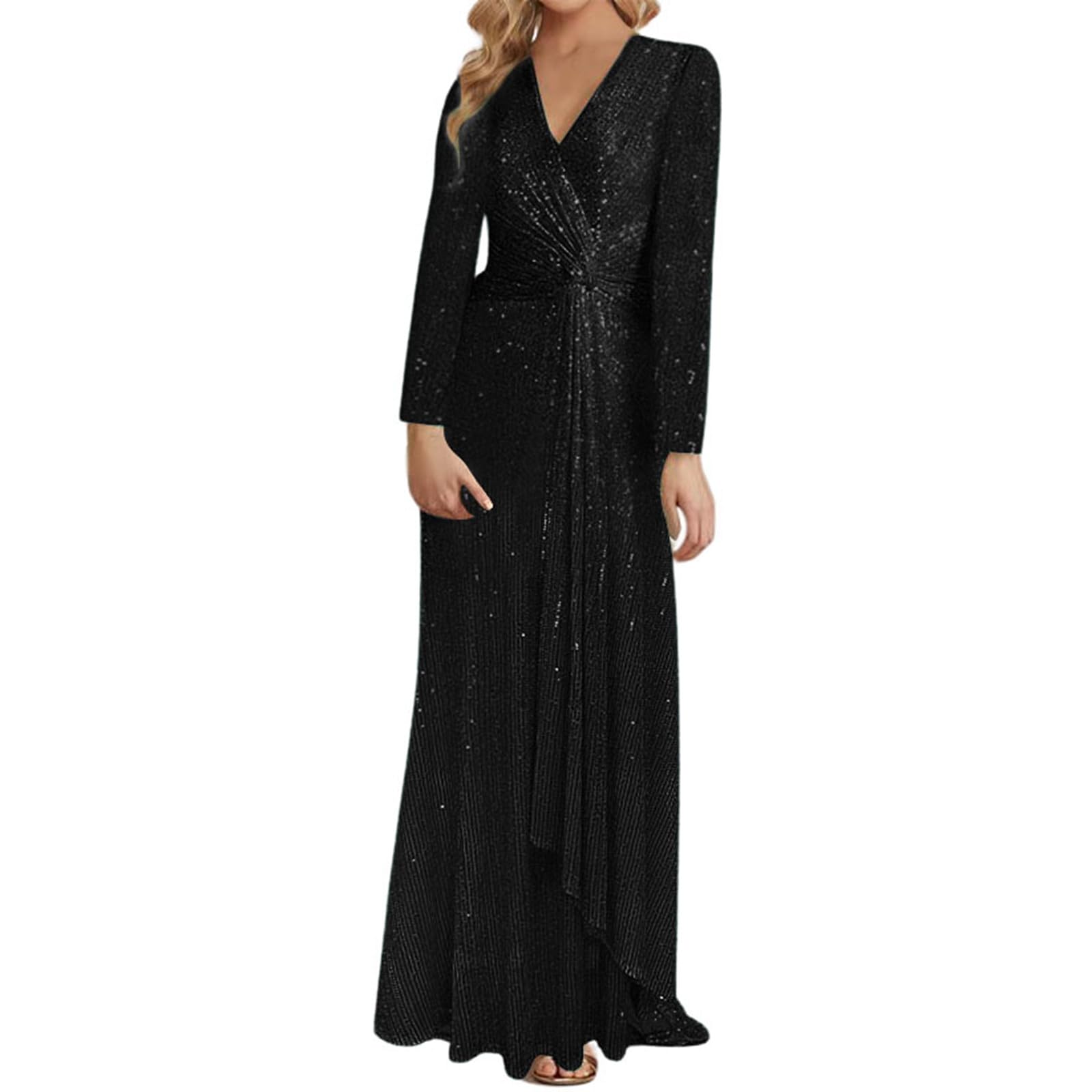 Generisch Vestido de lentejuelas para mujer, cuello en V, manga larga, vestido de cóctel, vestido de boda, largo brillante, vestido de fiesta, elegante, brillante, vestido de noche, vestido de noche
