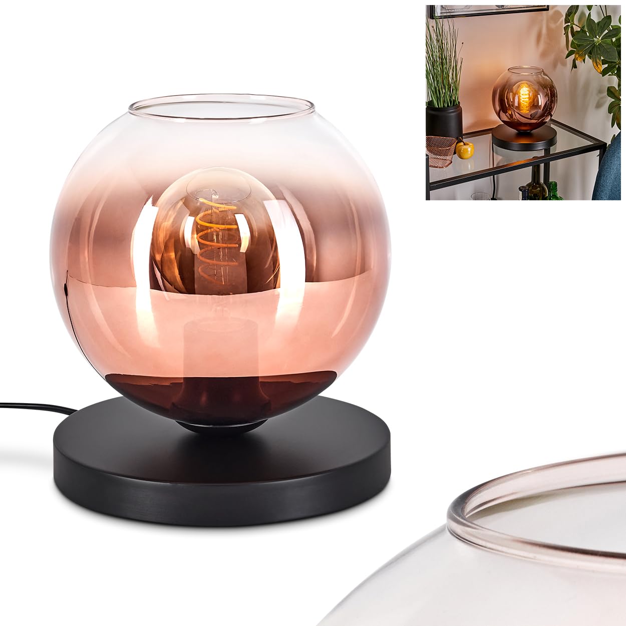 Tischleuchte Apedo, Tischlampe aus Metall/Glas in Schwarz/Kupferfarben/Klar, Leuchte im modernen Retro/Vintage-Design mit Schirm aus Glas (Ø 20cm) u. An/-Auschalter am Kabel, 1x E27, ohne Leuchtmittel