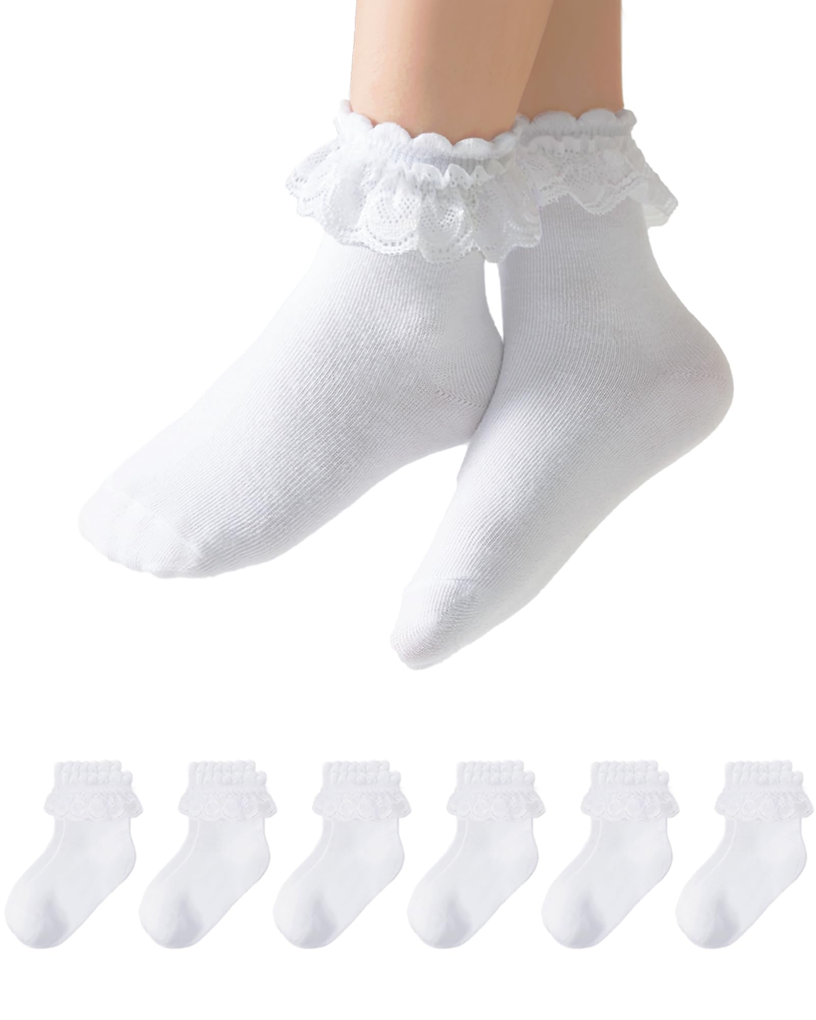 Funjoon Girls White Ruffle Socks Toddler Girls Lace Frilly Dress Cotton School Uniform Crew Socks 1T-10Y