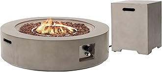 SUNBURY Outdoor 42 Inch Propane Fire Pit Table, Circular Gray Patio Fire Table 50,000 BTU w 20 lbs Tank Cover, Waterproof Cover, Free Lava Rocks