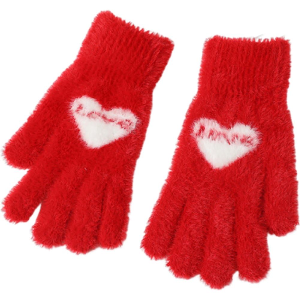 Danlai Women's Red Cute Winter Thermal Gloves Heart Print Plush Gloves Cold Weather Gloves Warm Soft Knit Mittens Full Finger Gloves