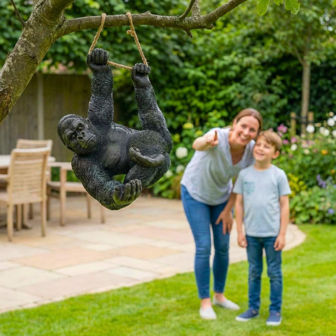 The Enchanted Garden Gorilla-Gartenstatue zum Aufhängen, Kunstharz, groß, für den Außenbereich, Schwarz