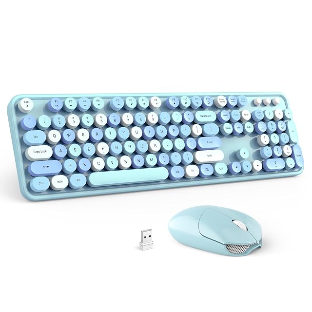 Wireless Keyboard and Mouse Combo - GEEZER Sky Blue Full-Sized Colorful Keyboard 104 Keys - USB 2 4