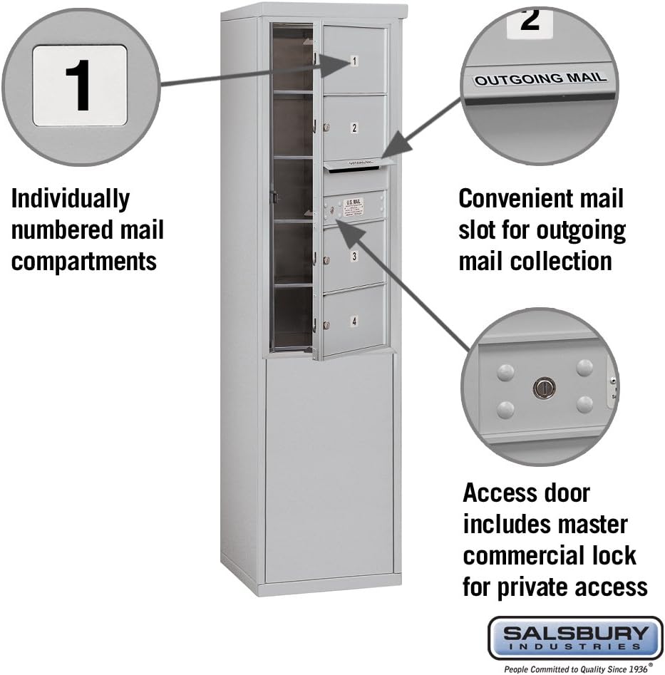 Salsbury Industries 3910S-04AFP Single Column, 4 MB2 Doors, Private Access Free Standing Horizontal 4C Mailbox, Aluminum