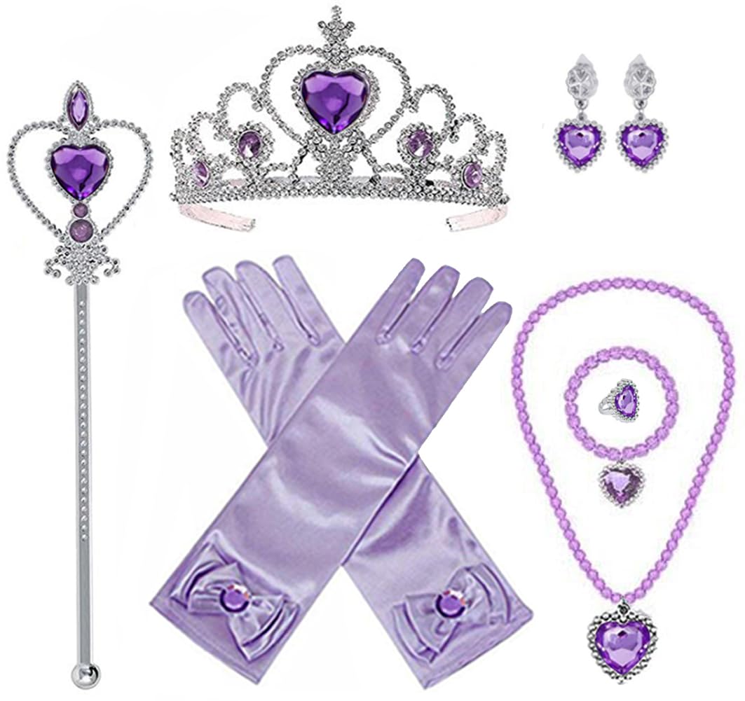 Princess Sofia Rapunzel Costume Dress up Accessories for Girls Rapunzel Gloves Tiara Crown Necklace Wand Earrings Bracelet Ring Princess Halloween Cosplay Accessories Christmas Gifts Set