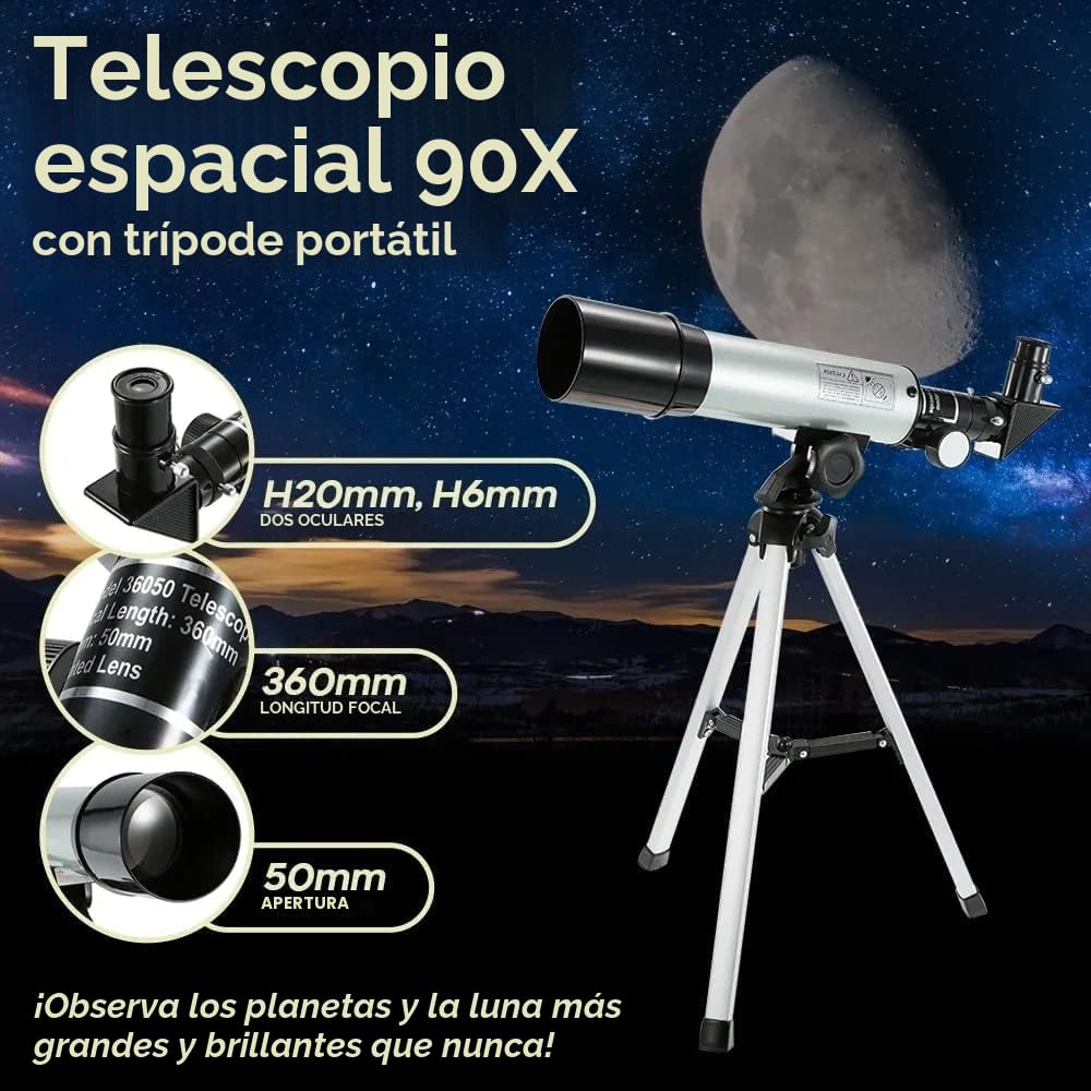 Telescopio Astronómico, Telescopios Refractores Zoom 360/50 mm 90X HD Monocular Exteriores Telescopio Refractor Portátil con Trípode para Niños Astronomía/Adultos/Principiantes
