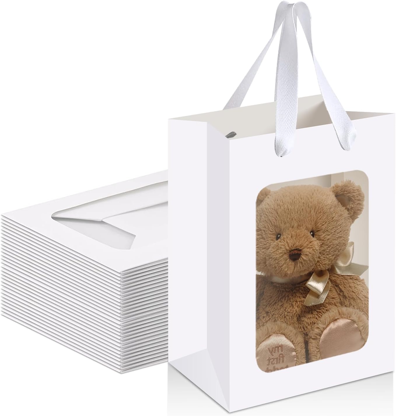 Bakbania 24 Pack Paper Gift Bags with Window,9.8 x 7.1 x 5.1 Inch Kraft Shopping Bouquet Gift Bags with Handle for Birthday, Weddings, Festival Party(White)