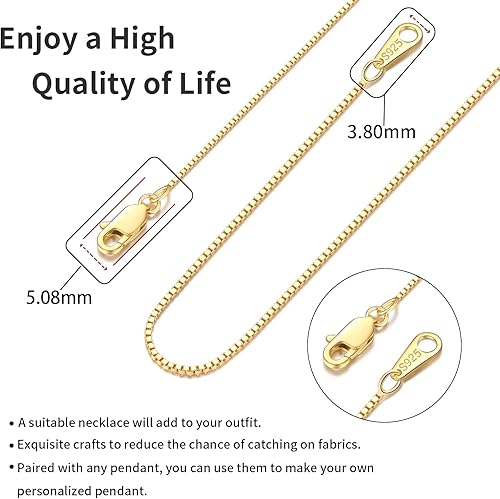 Miniatura 4 de Jewlpire - Collar de Cadena de Plata de Ley 925 Chapada en Oro de 18K para Mujeres y Niñas, Cadena de Eslabones de 0.031 Pulgadas con Cierre de