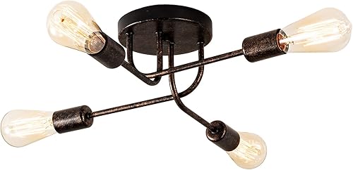 Miniatura 9 de Lámpara de techo industrial semiempotrada con 6 luces de techo vintage con ramas de metal ajustables Soporte E26 (bronce) (bombilla no incluida)