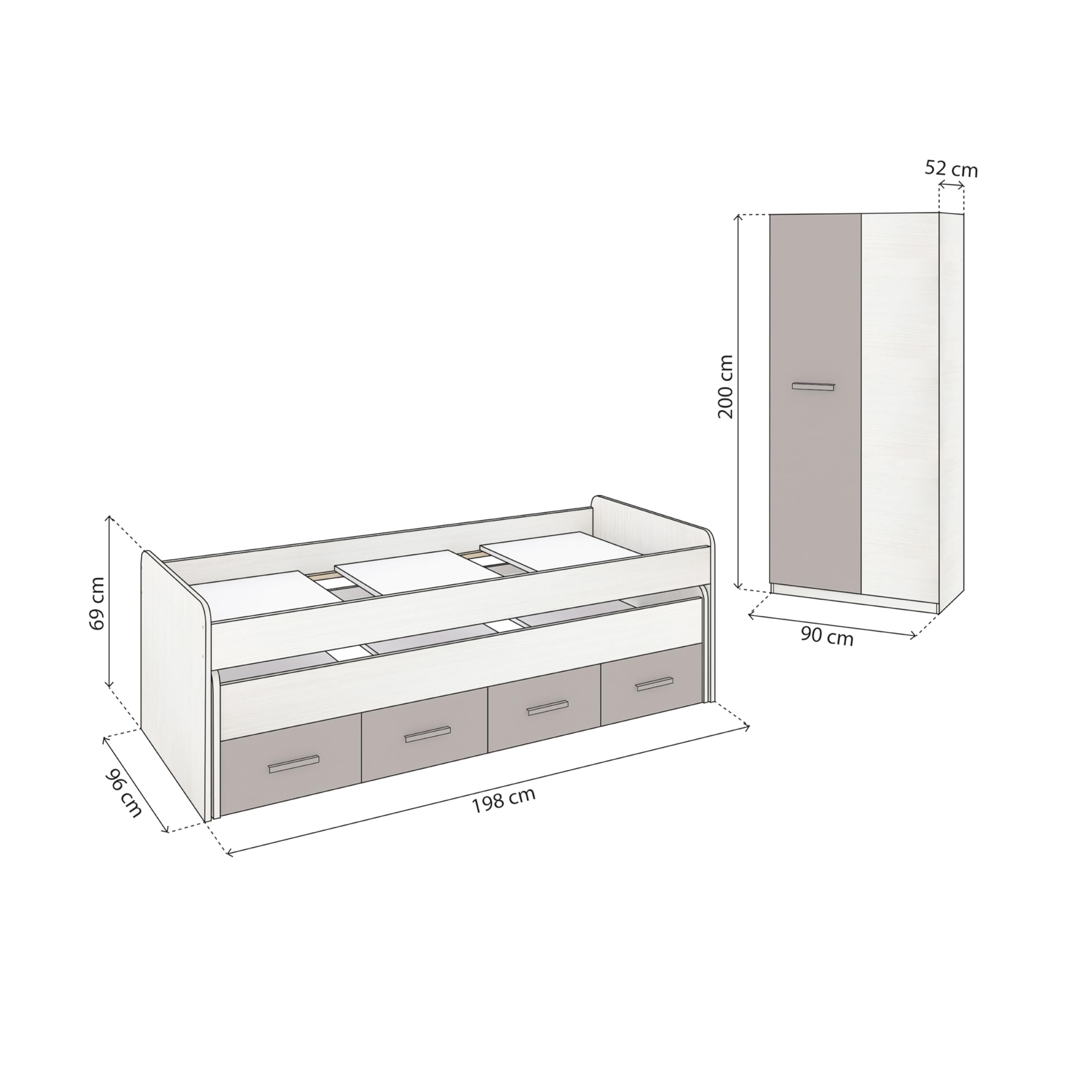 duehome | Pack de Dormitorio Juvenial con Cama Nido Juvenil y Armario, Conjunto de Dormitorio Infantil, Modelo Axim Plus, Acabado en Blanco Alpes y Basalto