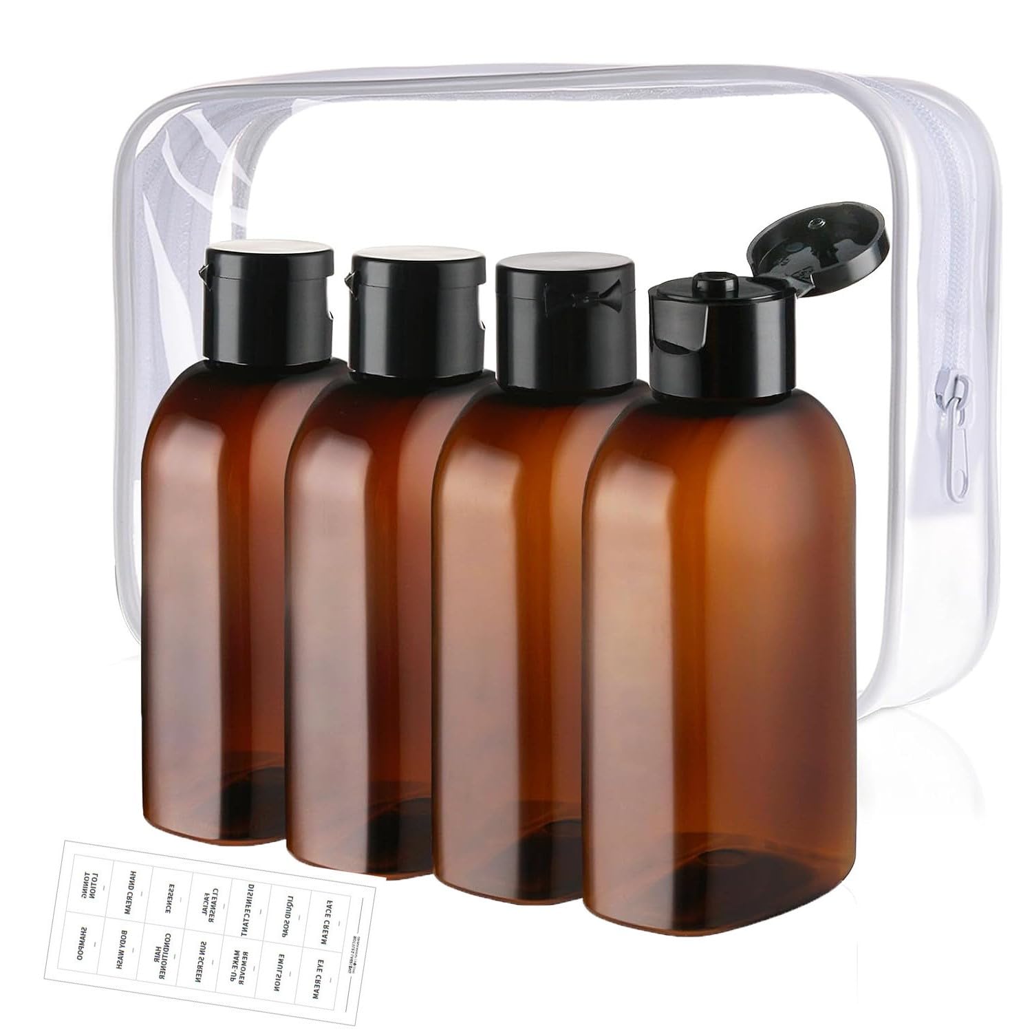 Zirax 4Pcs 100ml Travel Bottles for Toiletries Brown Leak Proof Travel Size Toiletries Set, Approved Refillable Squeeze Bottles with Toiletry Bag & Labels for Shampoo Conditioner Lotion