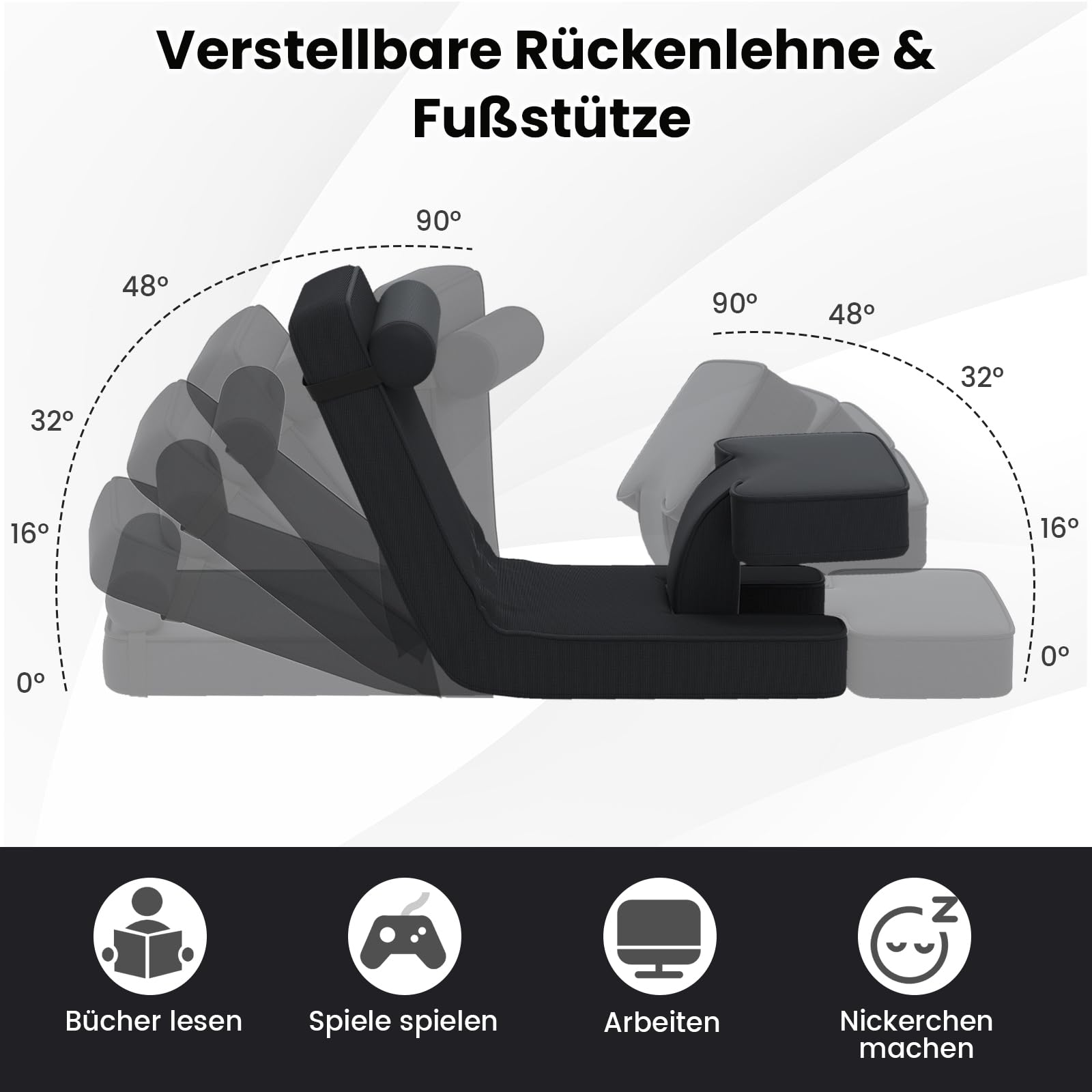 COSTWAY Bodenstuhl klappbar, Bodensessel mit Verstellbarer Rückenlehne & Kopfstütze, Bodensitz gepolstert mit Fußablage & Tischplatte, Bodensofa für Wohnzimmer, Schlafzimmer, Gästezimmer