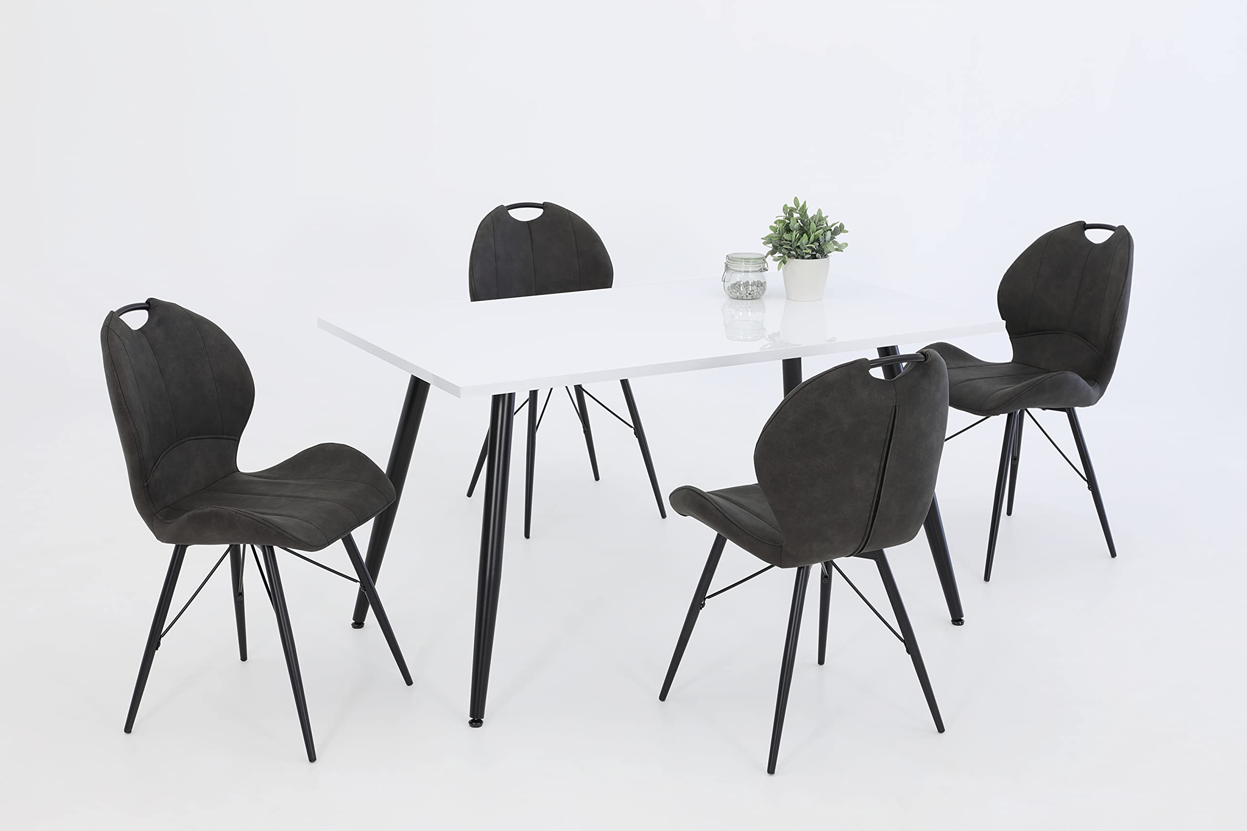 Hela Tische, Anika Table De Salle À Manger, Rectangulaire, Bois Laqué, Blanc Brillant, Piètement Tubulaire Rond Noir, 140 x 90 cm