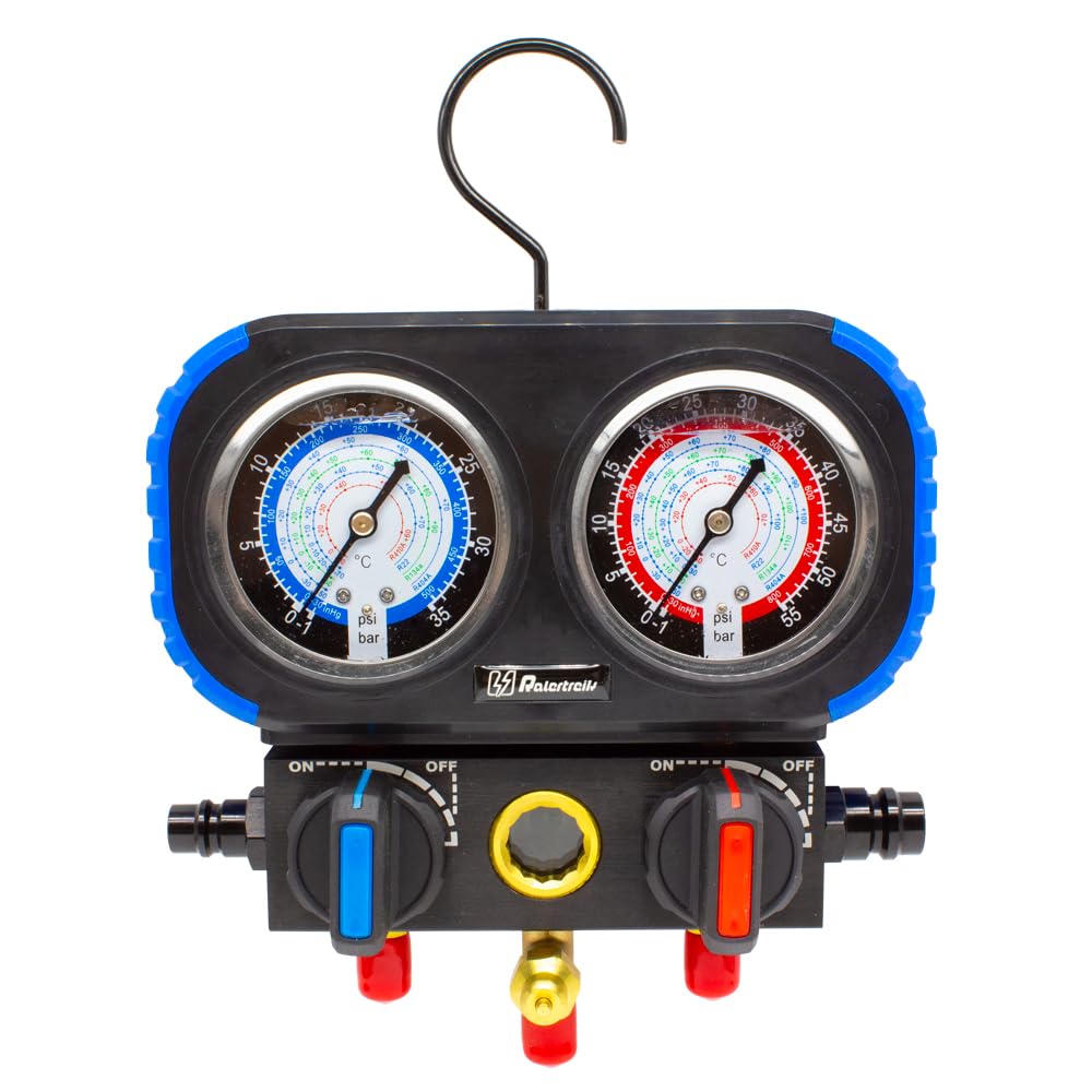 Manómetro con glicerina Maletin Set Manometros para Aire Acondicionado con Glicerina para Precisión Gas Refrigerante R22, R134a, R410 Manómetro para Recarga de Gas Refrigerante Antivibraciones