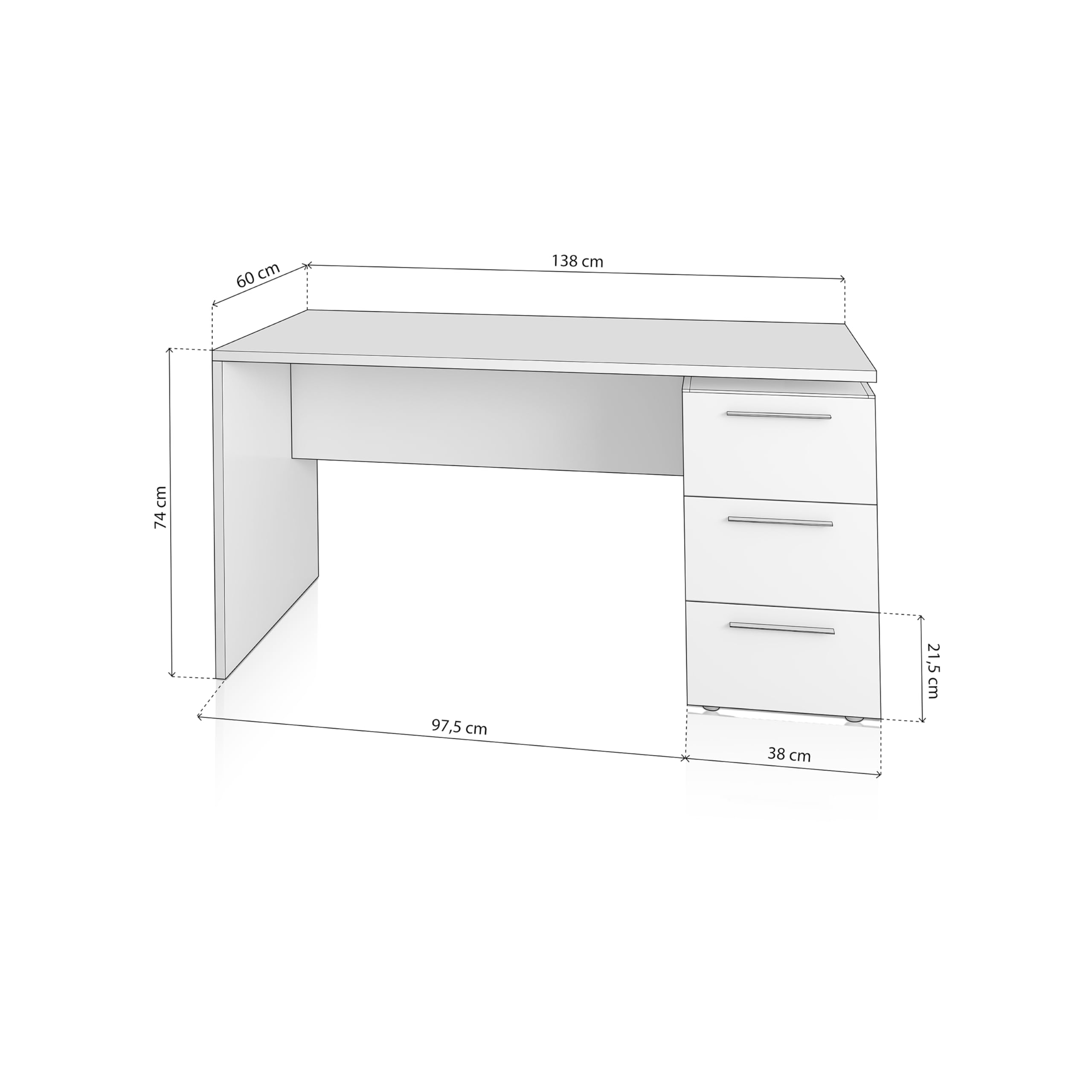 duehome | Mesa de Despacho 3 Cajones, Escritorio, Modelo Sasha, Acabado en Color Blanco Artik, Medidas: 138 (Ancho) x 60 cm (Fondo) x 74 (Alto)