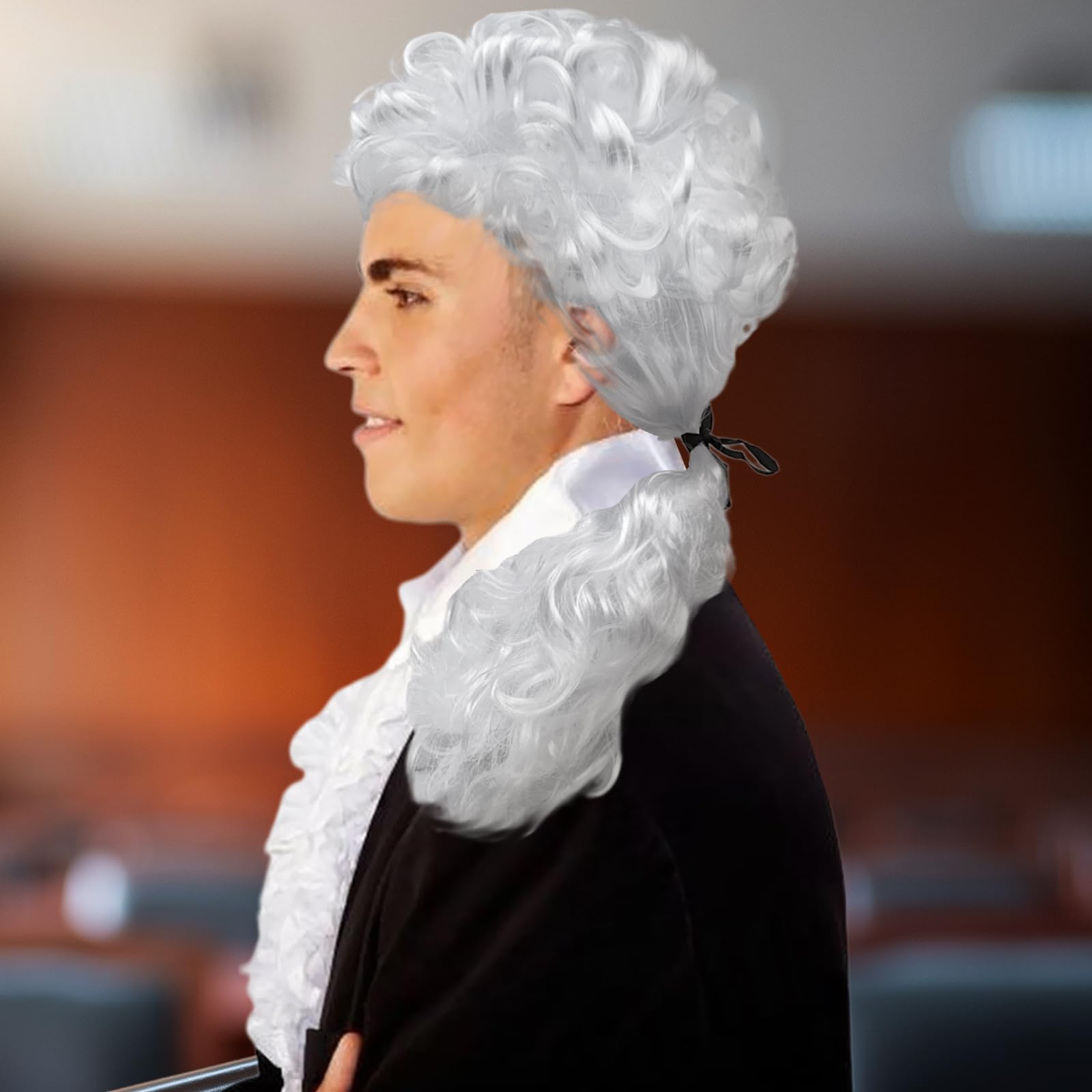 Peruka w stylu barokowym, renesansowa peruka sędzia lord kompozytor, peruka markiz z czarną wstążką, styl barokowy, męska szlachetna peruka, na Halloween, cosplay, szlachetna peruka, biała