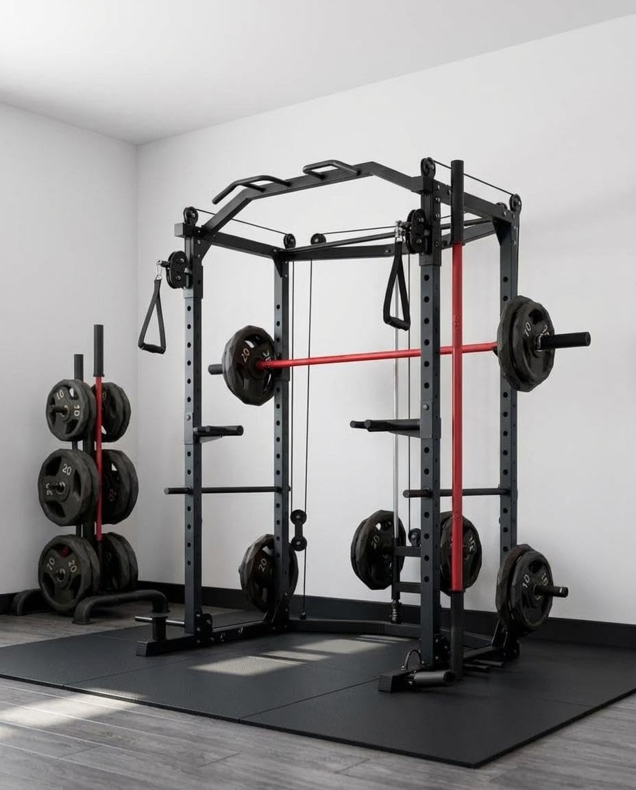 Power Cage for Home Gym with Dual Pulley Cable System, 1600LB Squat Rack, Multi-Functional Squat Cage with LAT Pulldown & Attachments, Weight Cage for Strength Workout