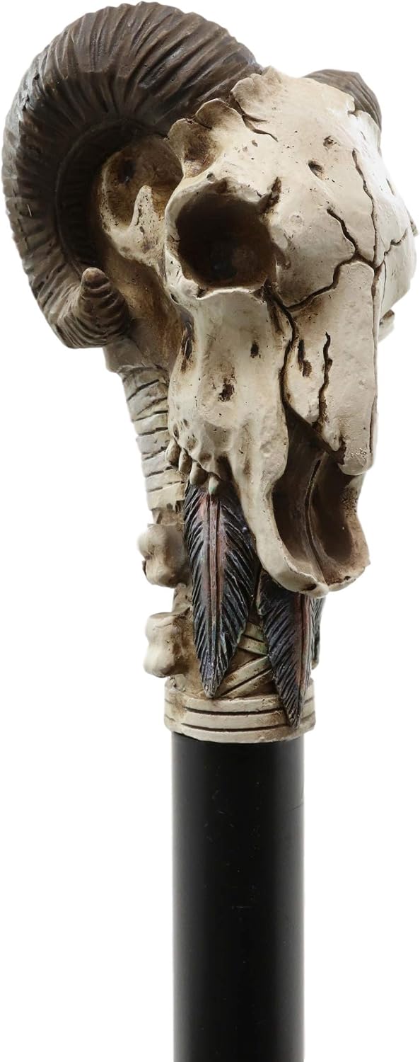 Ebros Gothic Tribal Ram Horned Skull with Native Indian Warrior Feathers Decorative Prop Cosplay Walking Cane Ossuary Macabre Halloween Decor Gadget Accessory