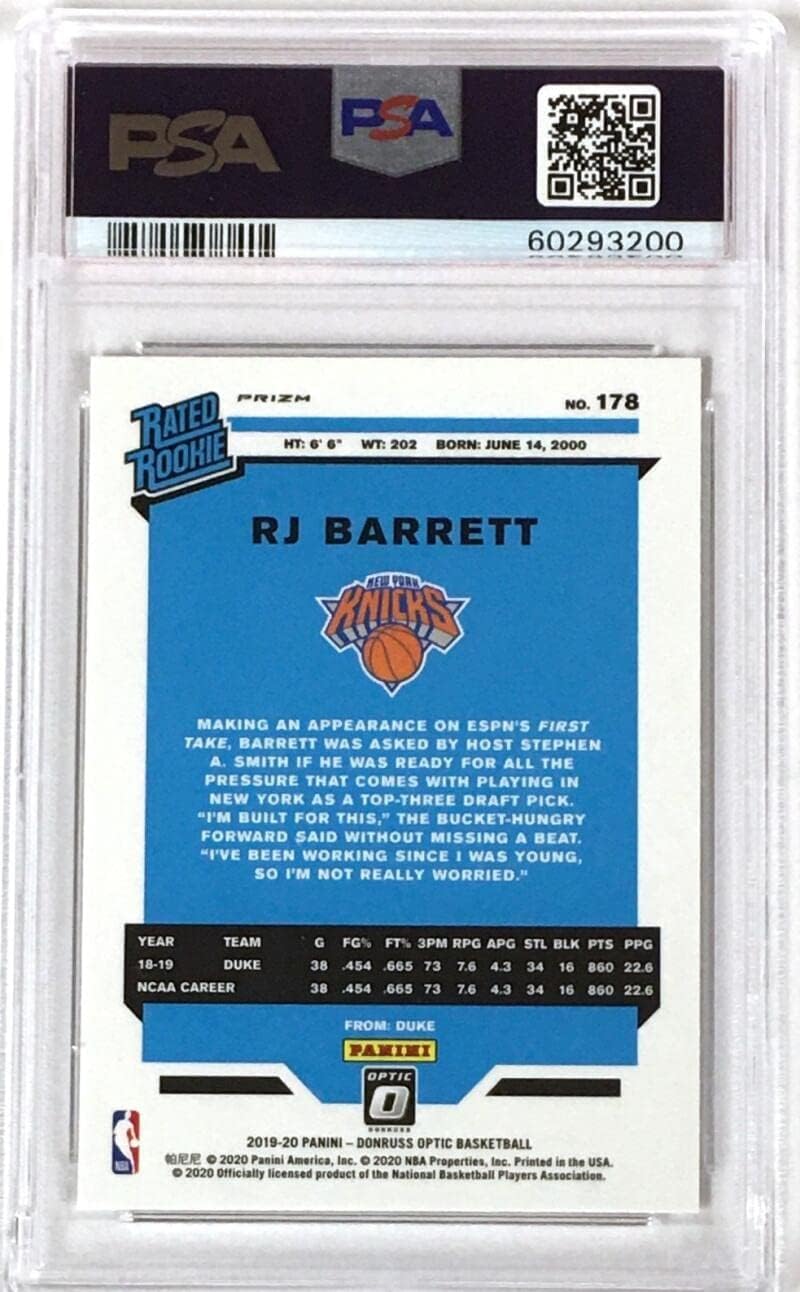 RJ Barrett 2019-20 Donruss Optic Holo #178 PSA 9 MINT Knicks Basketball NBA