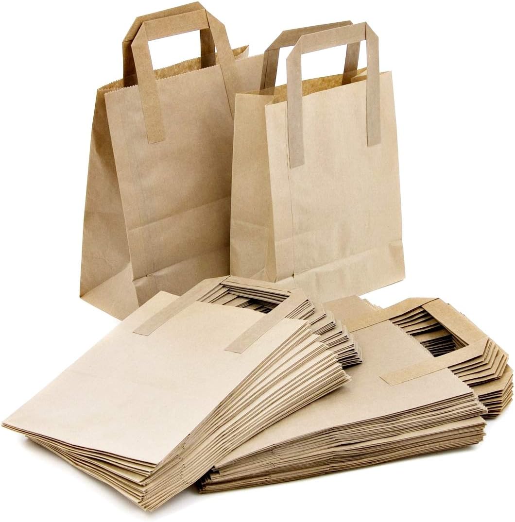 10 X Small Brown SOS Paper Carrier Bags With Handles for Food Sandwich Lunch - 7" x 8.5" x 3.5"
